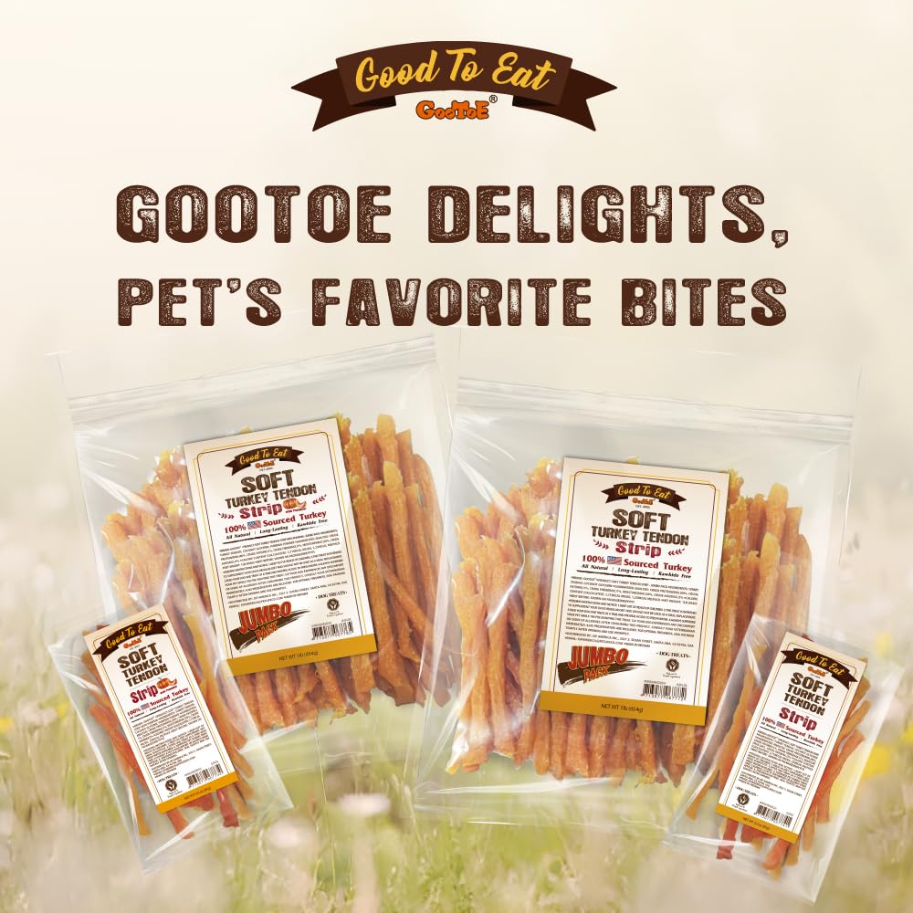 Gootoe Soft Turkey Tendon Stirip 1 lb, Natural Chewy Snack, USA-Sourced Turkey Tendon, Premium Training Chew, Hypoallergenic, Reseal Value Bag, Ideal for Small& Senior Dog, Jumbo Pack