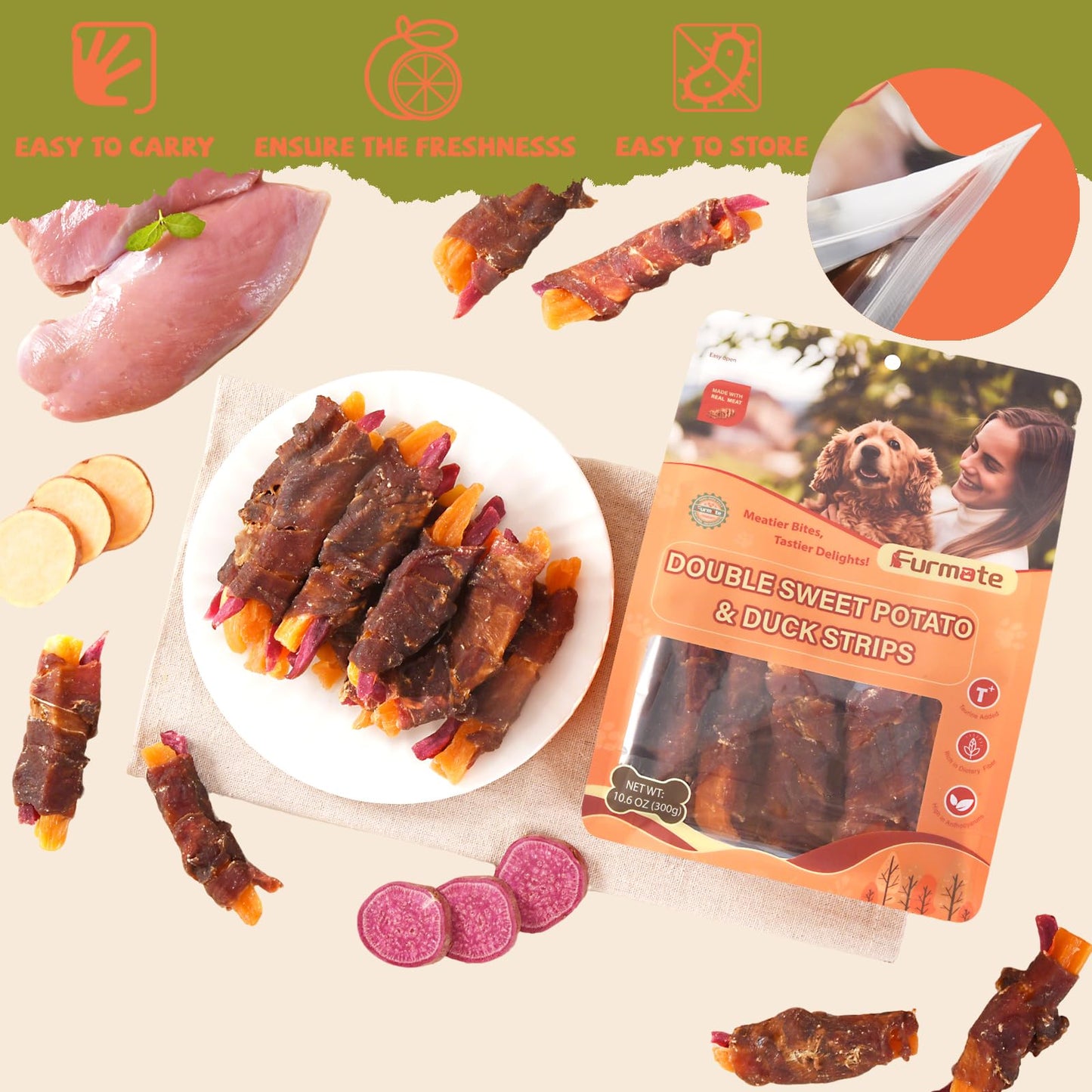 Furmate Dog Jerky Treats Duck Wrapped Orange Purple Sweet Potato, Healthy Dog Snacks High Protein Low Fat, Soft Chews Eliminates Tears, Training Rewards Treats for Small Medium Large Breeds,10.58 oz