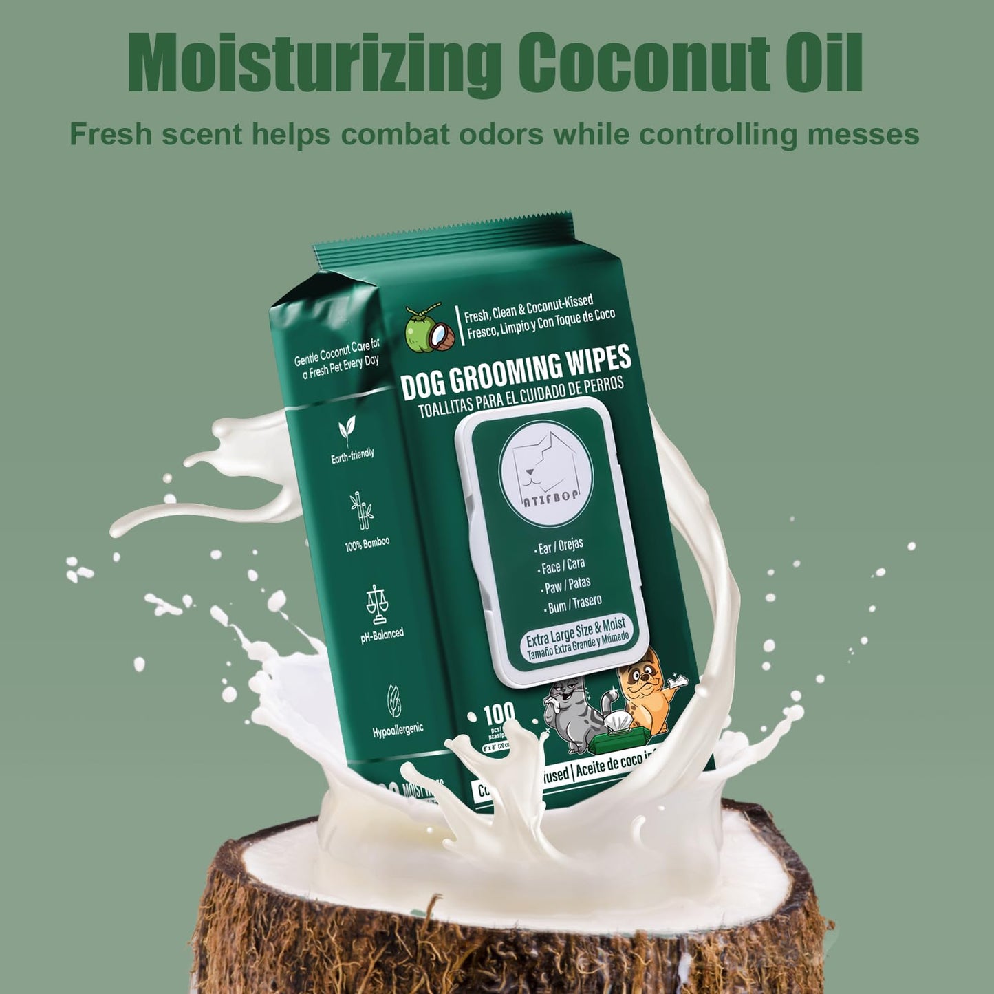 ATIFBOP Dog Wipes for Paws and Bum, Hypoallergenic Pet Grooming Wipes Natural and Gental, 400 Wipes for Cleaning & Grooming Moisturizing Coconut