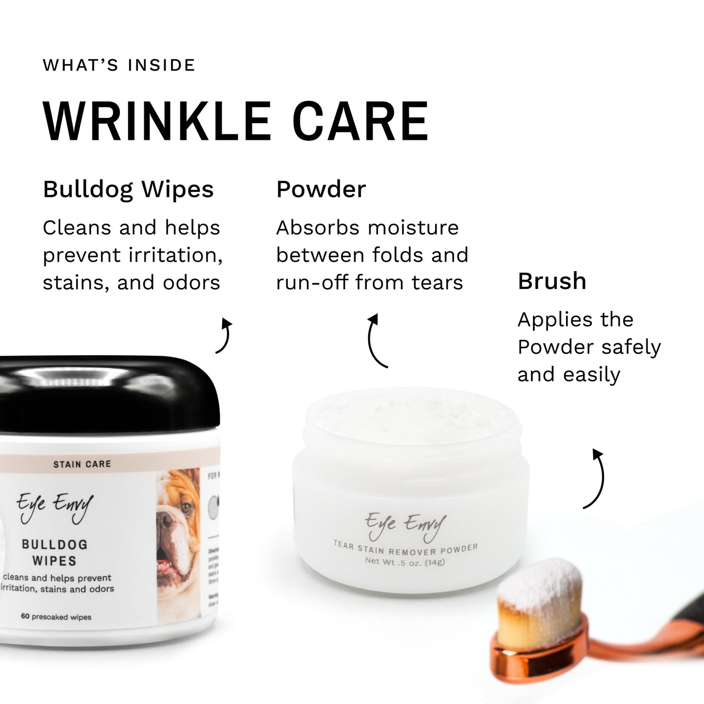 Eye Envy Bulldog Wrinkle Cleaner & Nose Care Kit. Bulldog Wrinkle Wipes, Tear Stain Powder, Applicator Brush & Dog Nose Balm. Cleans Skin Folds. Removes Stains. Helps Cracked Noses. Made in USA