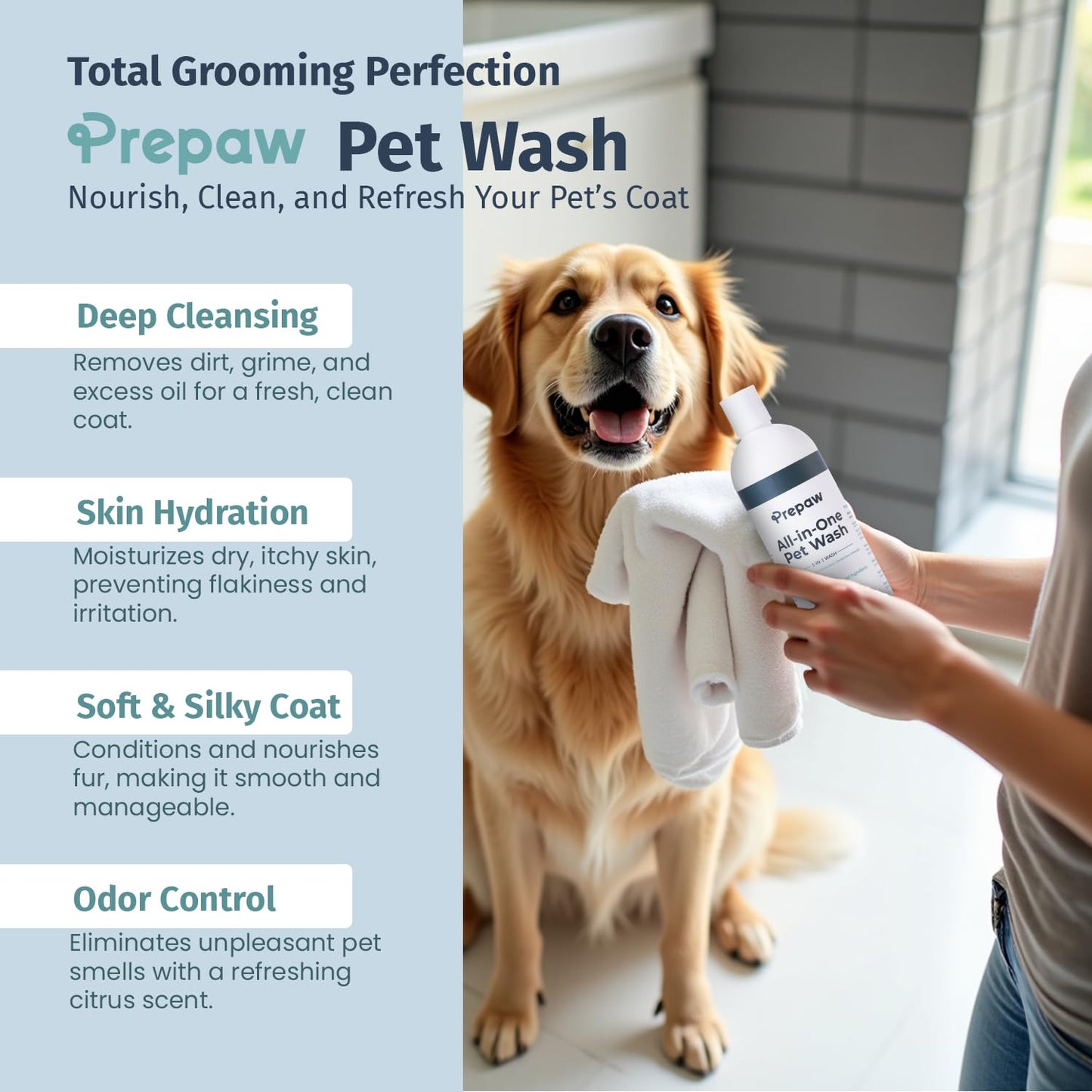 Pet Wash - 5 in 1 (Cleans, Conditions, Moisturizes, Deodorizes & Detangles) - Natural Ingredients - Gentle for Sensitive Skin - Softens Coat & Quick Rinse | Light Citrus Scent, 16 fl oz