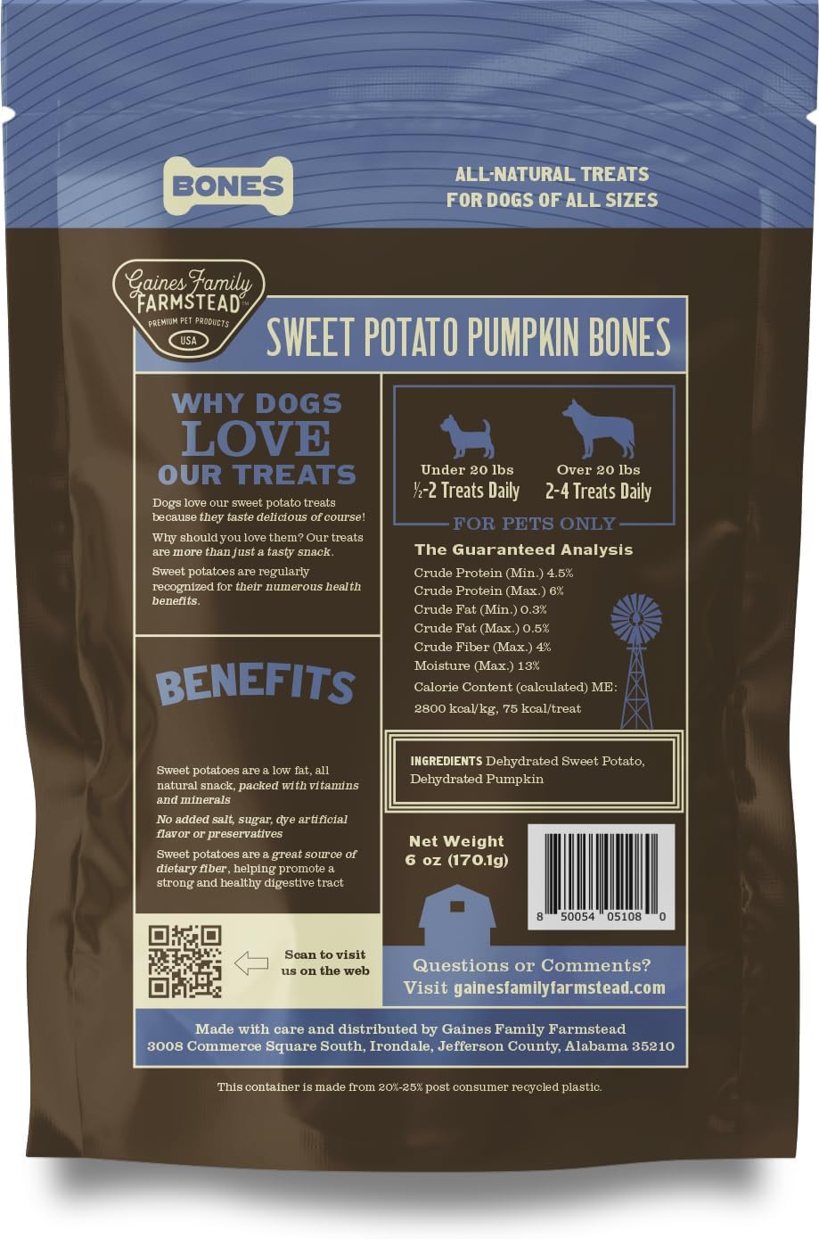 Gaines Family Farmstead Pumpkin & Sweet Potato Dog Bones – 6 oz Bag, Natural, Grain-Free Dog Treats for Digestive Health & Immunity – High-Fiber, Vitamin-Rich Chews, Made in USA