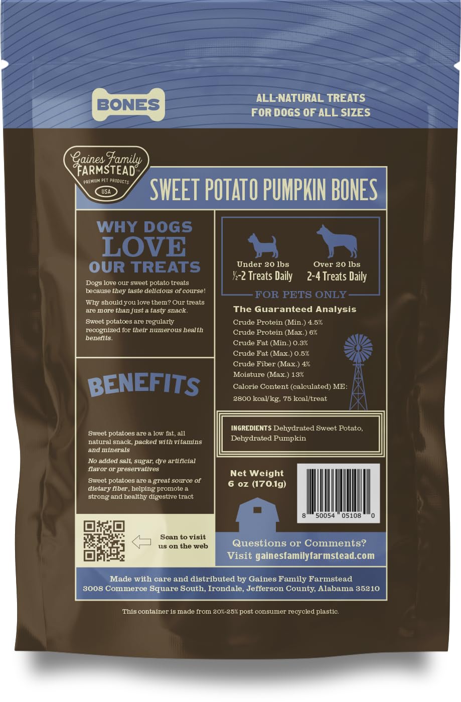 Gaines Family Farmstead Pumpkin & Sweet Potato Dog Bones – 6 oz Bag, Natural, Grain-Free Dog Treats for Digestive Health & Immunity – High-Fiber, Vitamin-Rich Chews, Made in USA