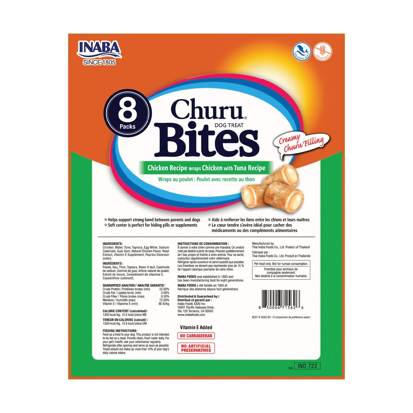 INABA Churu Bites for Dogs, Soft & Chewy Dog Treats, 0.42 Ounces Each Tube, 64 Tubes Total (8 Tubes per Pack), Chicken with Tuna Recipe