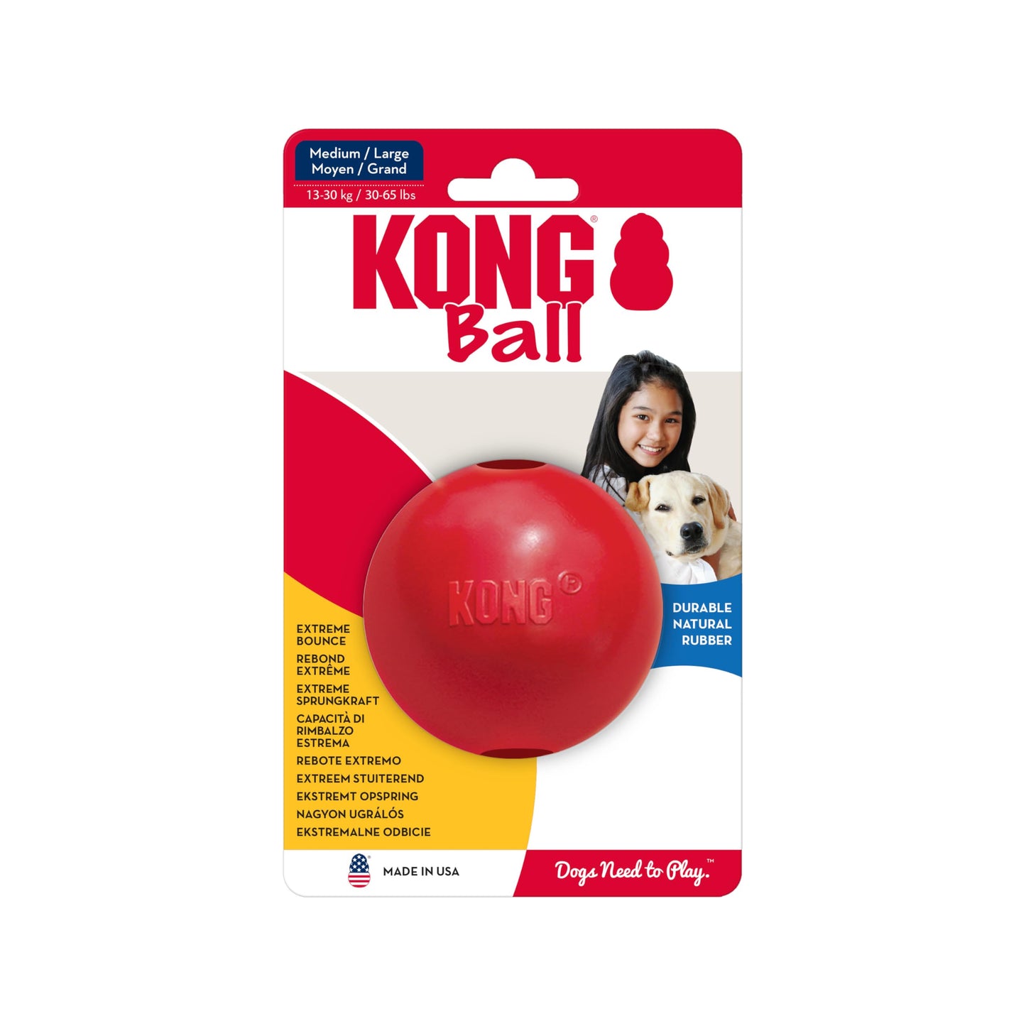 KONG Ball with Hole - Durable Dog Fetch Toy for Training, Interactive Playtime & More - Classic KONG Natural Rubber Ball - Red - For Large/Medium Dogs