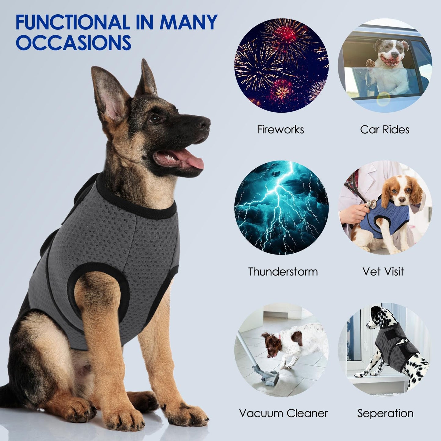 KOESON Dog Anxiety Calming Vest, Breathable Dog Thunder Jacket, Adjustable Pet Stress and Anxiety Relief Shirt for Thunderstorm, Fireworks, Grooming, Vet Visit, Travel, Separation, XS-3XL