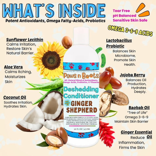 Deshedding Conditioner Omega Fatty Acids 3 6 9. Real Argan Oils All-Natural, Organic, & Non-Toxic to Pets Condition, Hydrate, & Nourish the Coat. Hypoallergenic, Tearless, Control Odor Made in USA 16oz Ginger