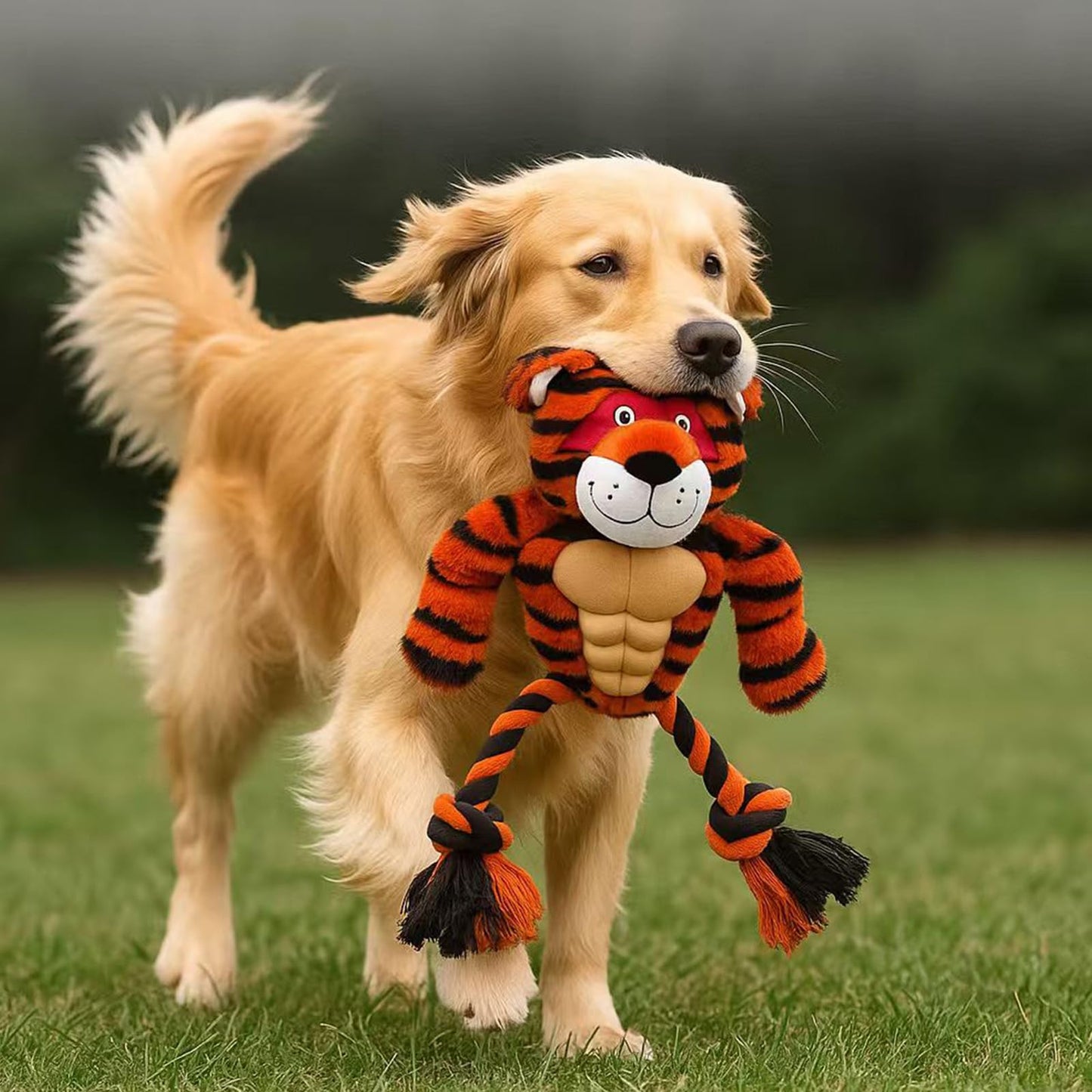 Calibonbon Durable Rope & Plush Dog Toy for Aggressive Chewers – Muscle Tiger Squeaky Tug Toy for Medium & Large Dogs, Interactive Chew & Play