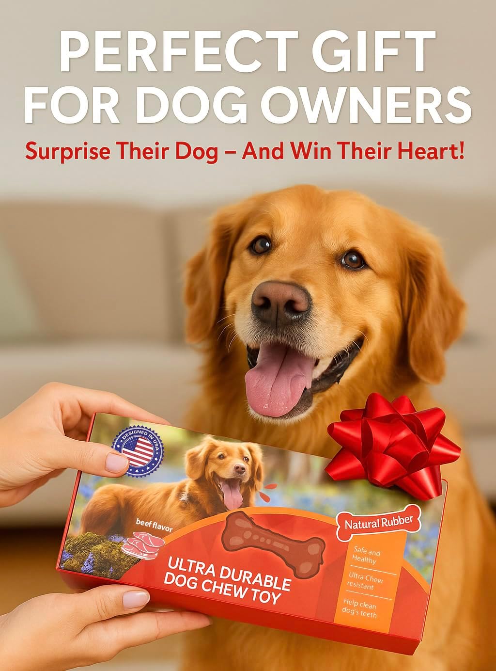 Paws Power Dog Chew Toy - Natural Rubber Dog Toy, Beef Flavor – Dog Toys for Medium & Large Dogs - Bone-Shaped Chew for Dental Health - Indoor and Outdoor Play