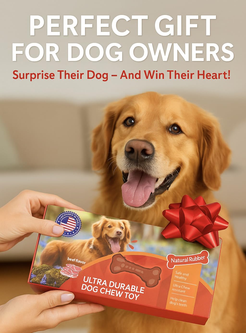 Paws Power Dog Chew Toy - Natural Rubber Dog Toy, Beef Flavor – Dog Toys for Medium & Large Dogs - Bone-Shaped Chew for Dental Health - Indoor and Outdoor Play