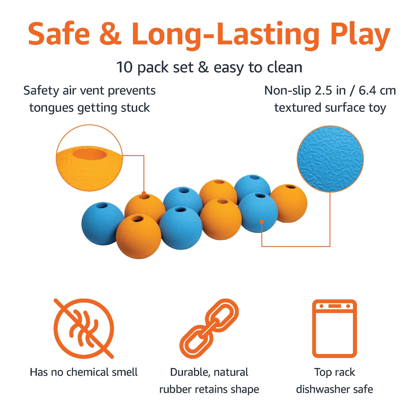 Amazon Basics Dog Toys, Interactive Fetch Rubber Balls, (Pack of 10), 2.5 inch, Multi-Color Blue/Orange