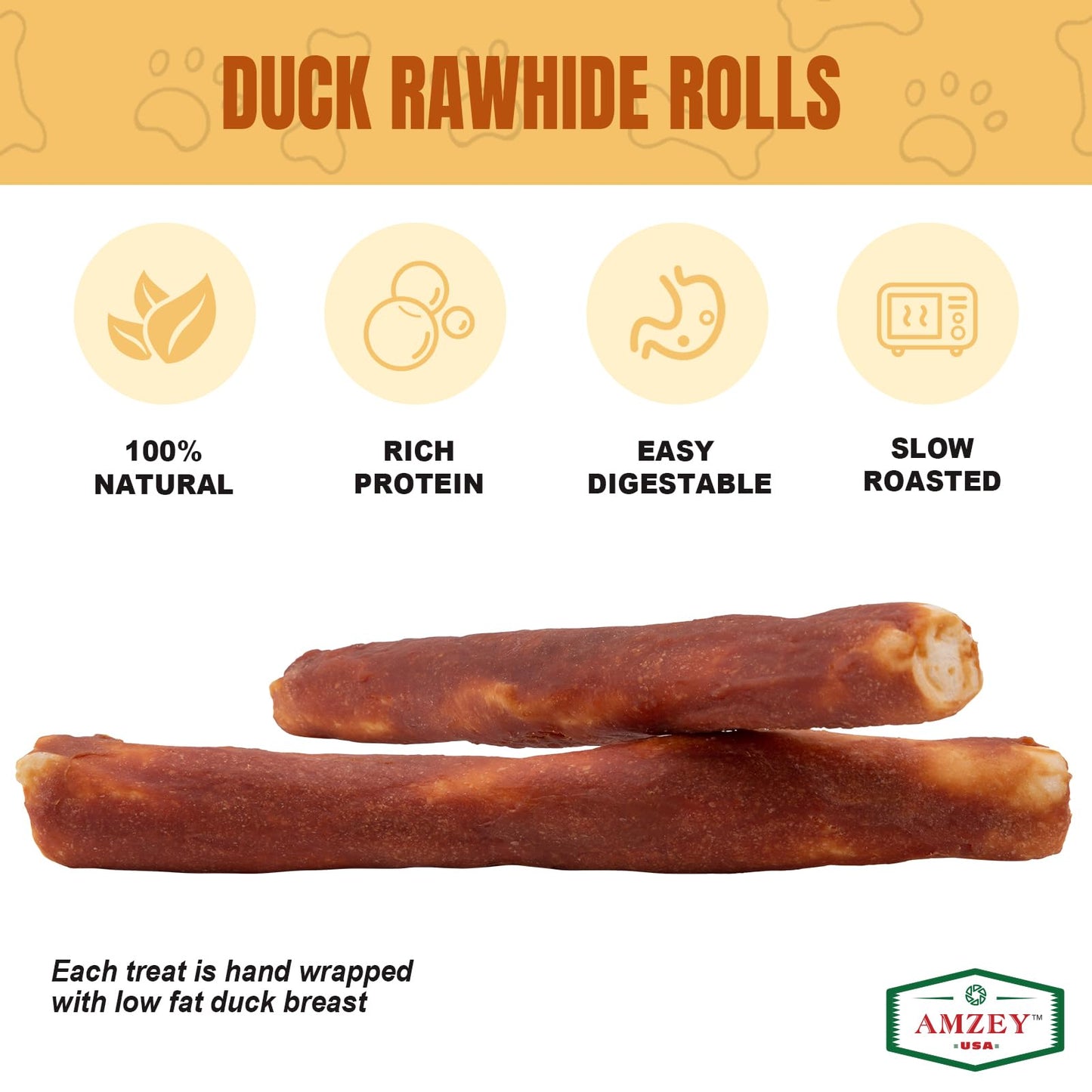 Amzey 10" Rawhide Retriever Rolls Dog Chews Treats, Duck Wrapped Rawhide Bones Long-Lasting for Large Dogs 50lbs Up, All Natural Duck Basted Dog Rawhide Chews, 5 Count