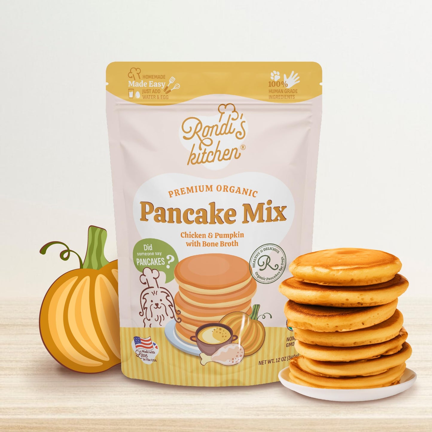 Rondi's Kitchen Pancake Mix for Dogs - Premium All-Natural & Organic Dog Treats, Healthy Dog Snacks for All Ages & Sizes, Made with Human-Grade Ingredients - Chicken & Pumpkin