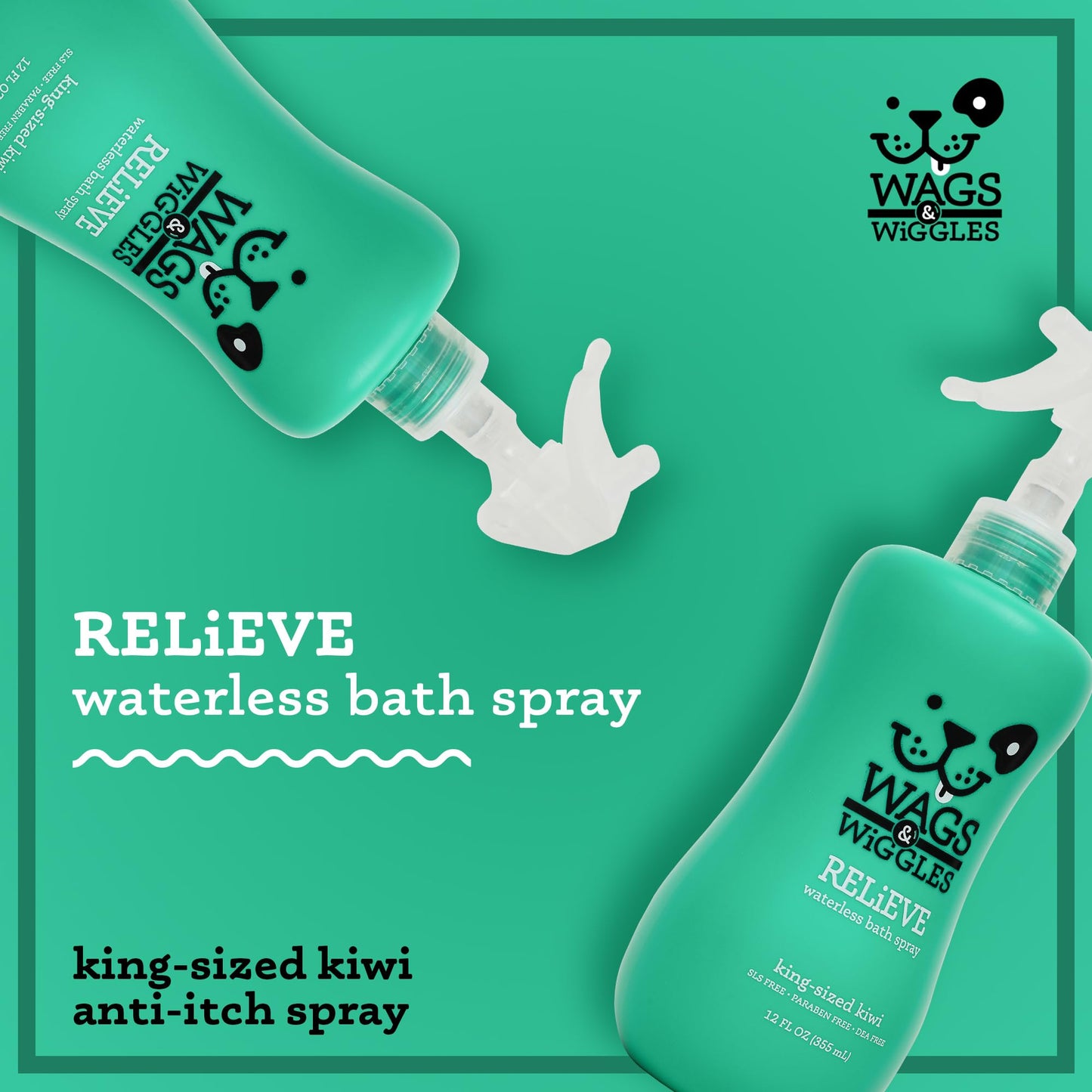 Wags & Wiggles Relieve Dog Anti-Itch Spray, Kiwi Scent - Waterless Dry Shampoo for Dogs With Dry, Itchy, Or Sensitive Skin - Fruity Scent Your Dog Will Love, 12 Fl Oz
