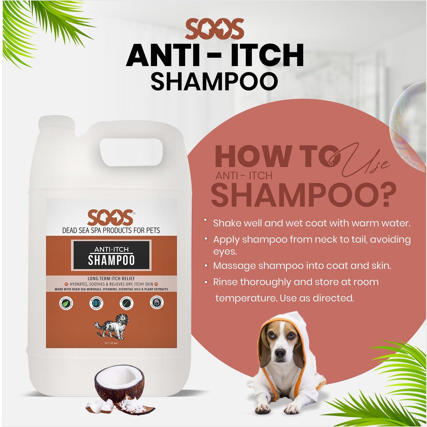 Soos Pet Shampoo Anti-Itch Natural Dead Sea Minerals Cat and Dog Shampoo with Vitamins Essential Oils Natural Ingredients Soothes Itching Clean Fur - 1x Pets Shampoo (4L)