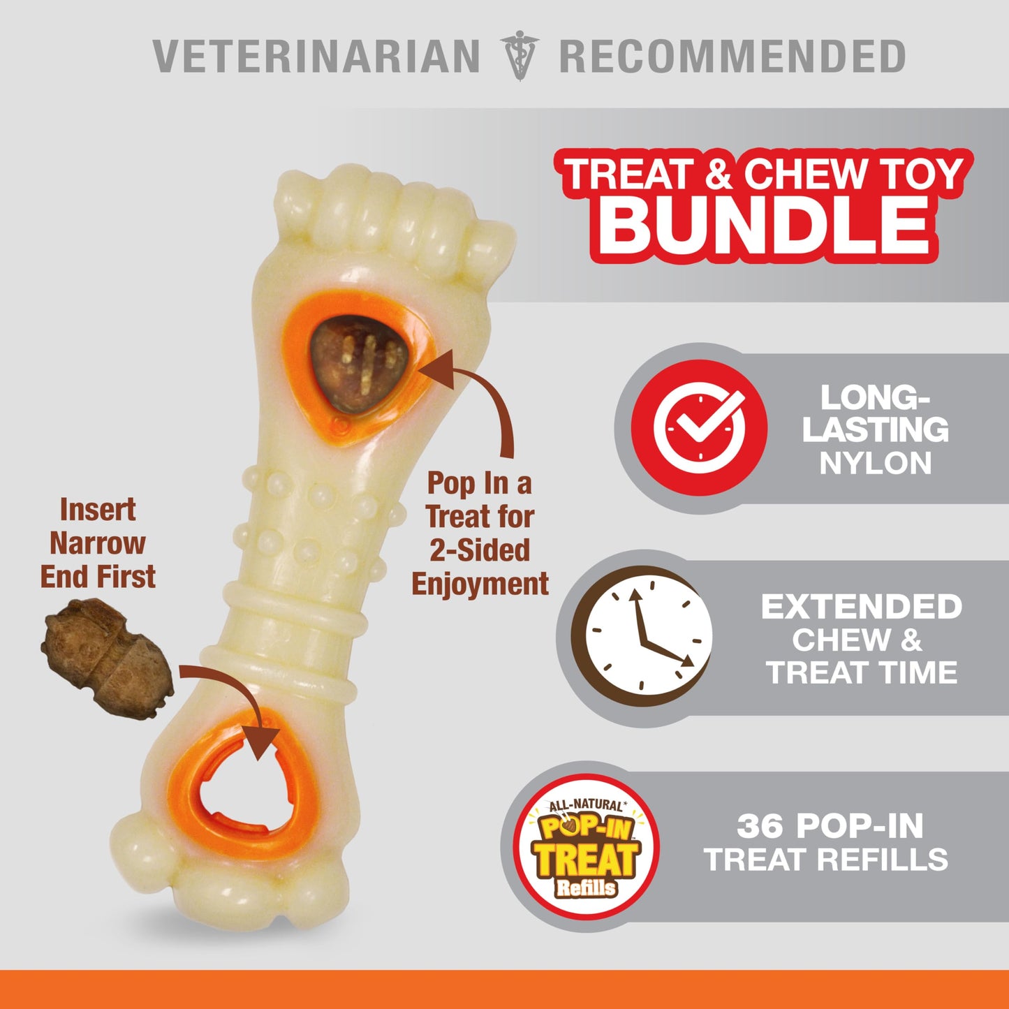 Nylabone Knuckle Bone Pop-in Treat Toy Power Chew Toy with 30 Refills, Interactive Treat Dispensing Enrichment Toys for Dogs, Long Lasting Chicken Flavor, Medium Dogs - Up to 35 lbs, 2 Pack
