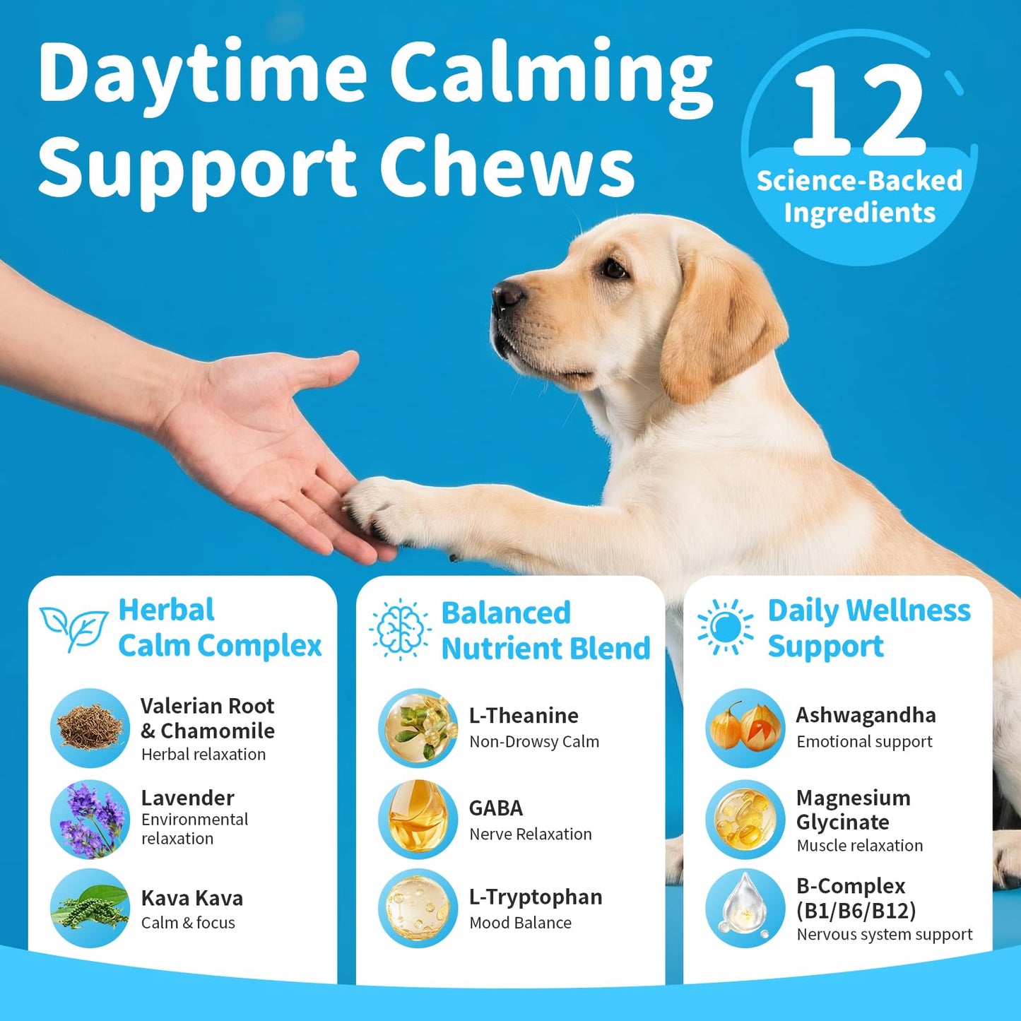 POPPAW Calming Chews for Dogs – Calming Treats for Anxiety, Stress, Separation, Travel&Thunder, Relaxation & Focus Support with L-Theanine, Valerian Root, Chamomile & Ashwagandha, Bacon Flavor, 60Ct