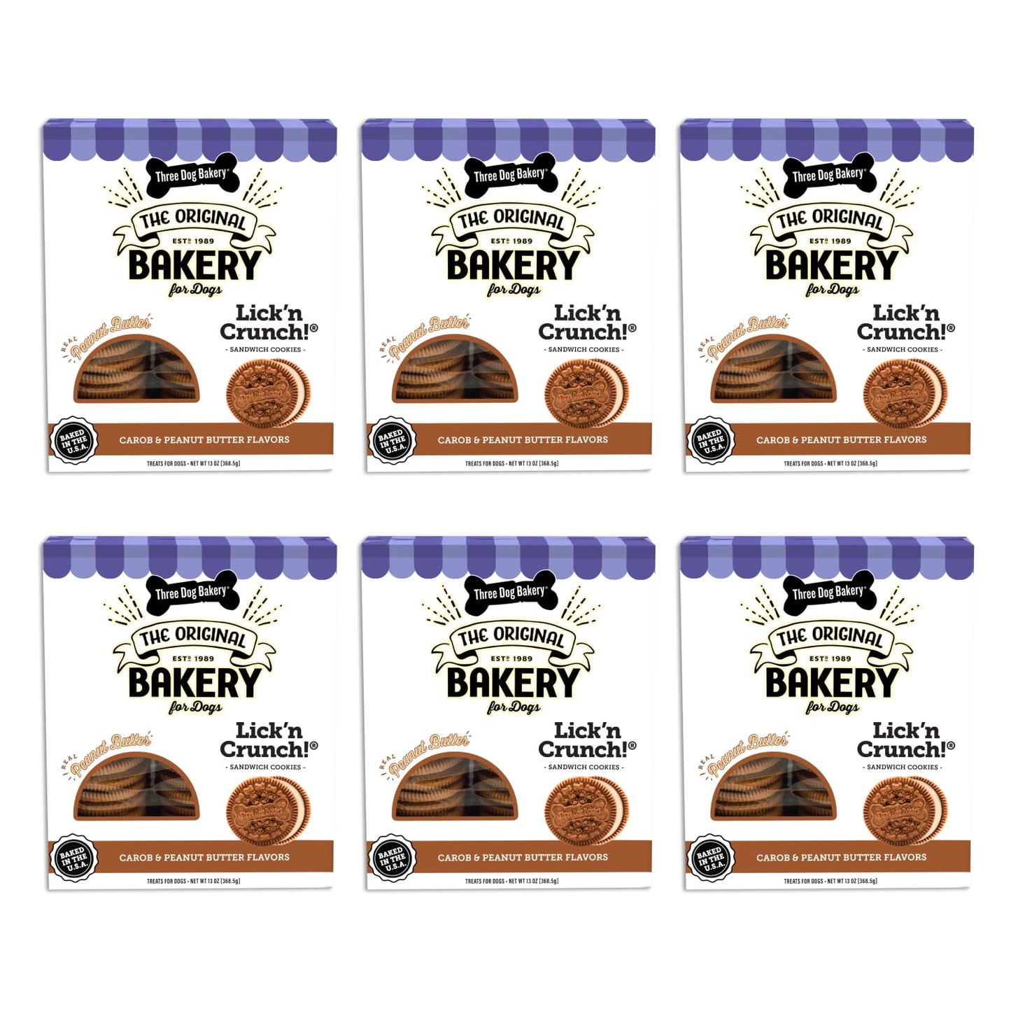 Three Dog Bakery Lick'n Crunch Baked Dog Treats, Carob and Peanut Butter Flavor, 13 Ounce Box, 6-Pack (114059)