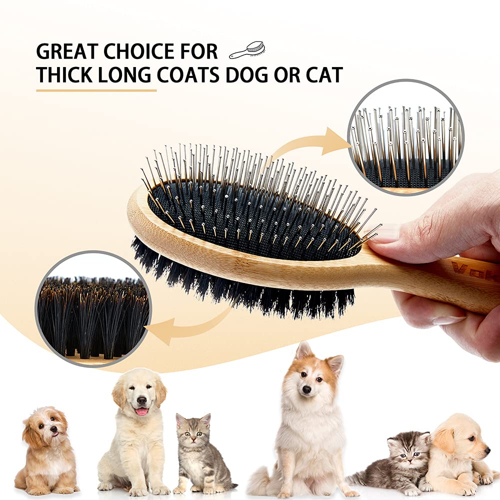 Dog Brush Cat Brush, Vokiuler Double Sided Bristle and Pin Pet Brush for Dog Grooming, Real Boar Bristle Shedding Brush with Bamboo Handle for Long Short Hair, 2 Pack Dog Comb, Black