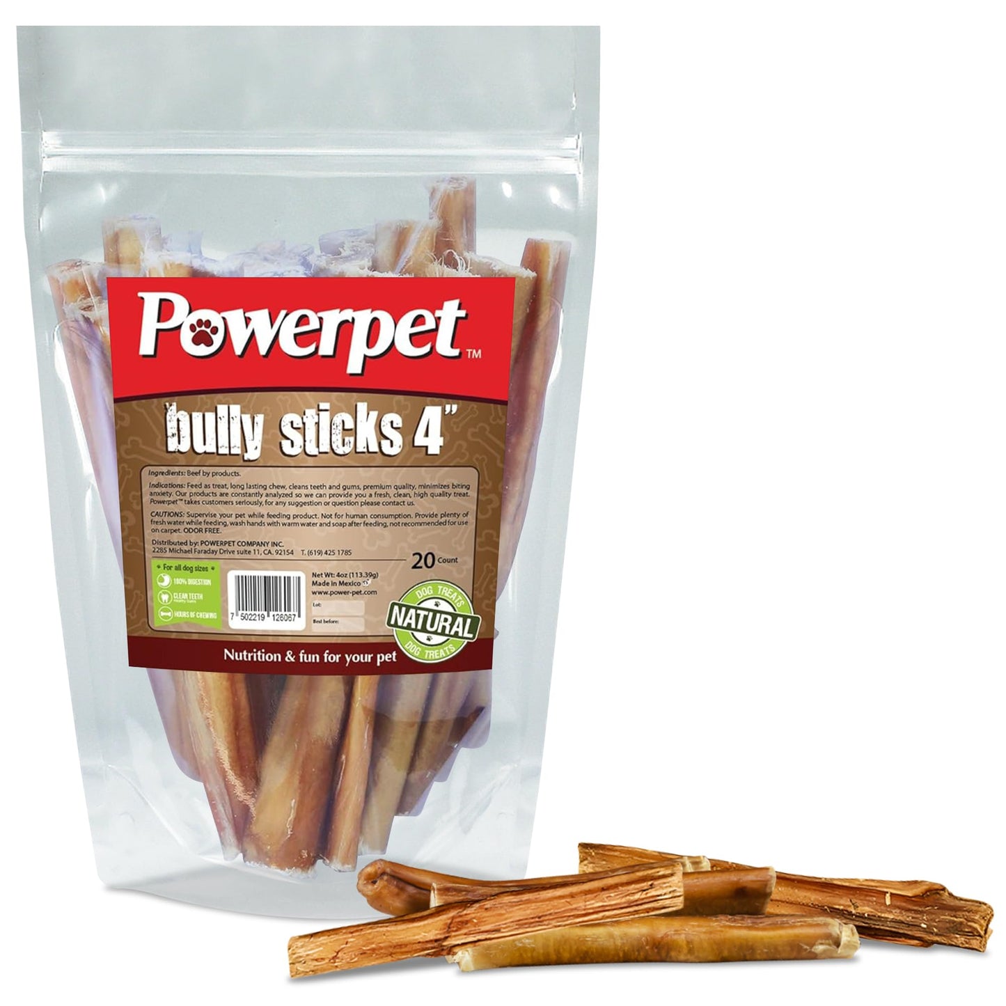Powerpet 100% Natural Steer Stick (Bully Stick) - Odorless, High Protein, Low Fat, Healthy Dog Treats, Long-Lasting Chews, Highly Digestible, Cleans Teeth, Treats for All Breeds & Sizes, 4" - 20 Pack