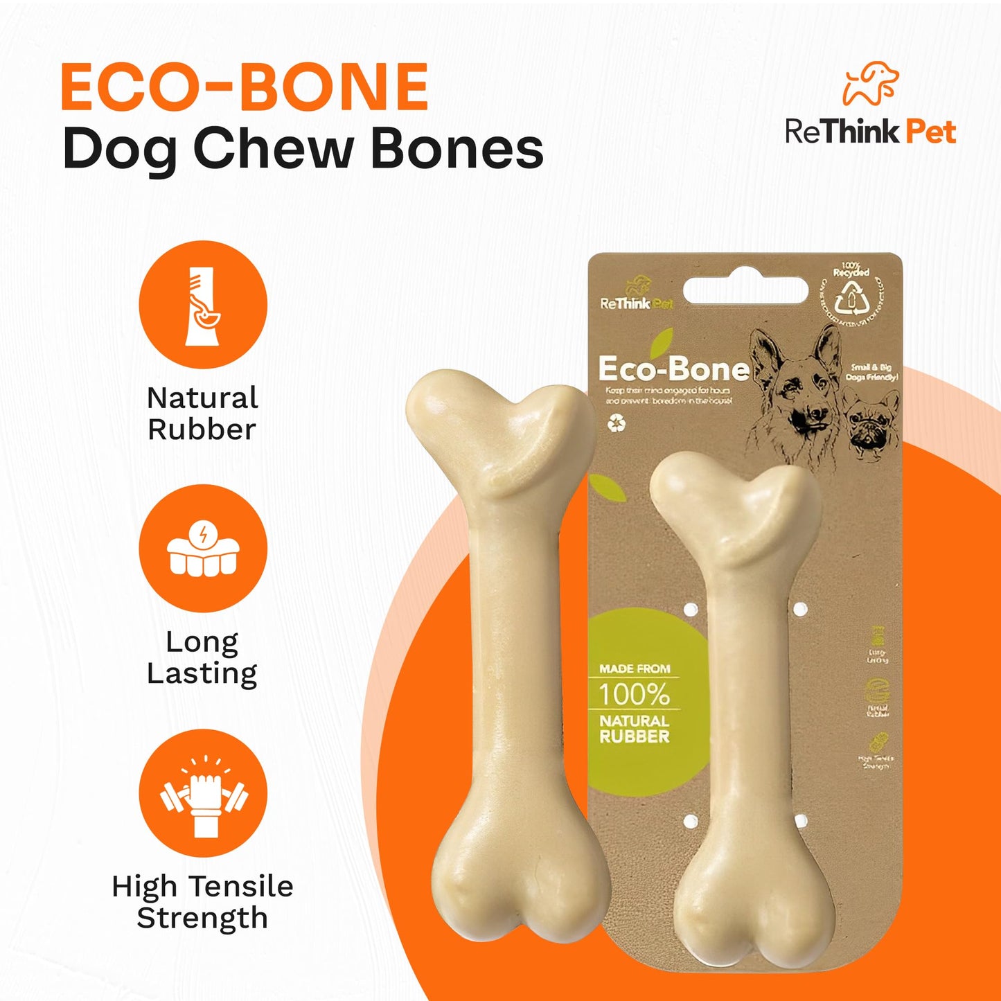 ReThink Pet Eco-Bone Dog Chew Bones, Natural Rubber Dog Bone Toy, Recycled TeethingToys for Boredom, Long-Lasting and Durable Chew Toys for Boredom Perfect for Pups