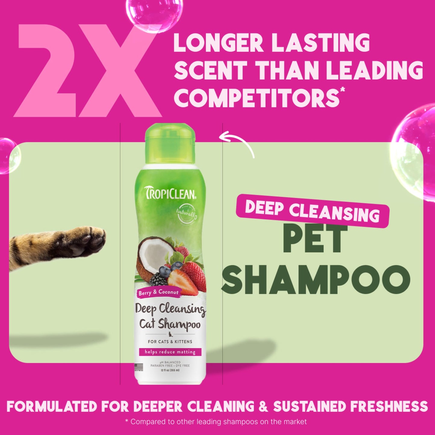 TropiClean Deodorizing Dog Shampoo for Smelly Pets, Long Lasting Odor Control, Puppy Safe, Made in the USA, Berry Scent, Cat Friendly, 12oz.