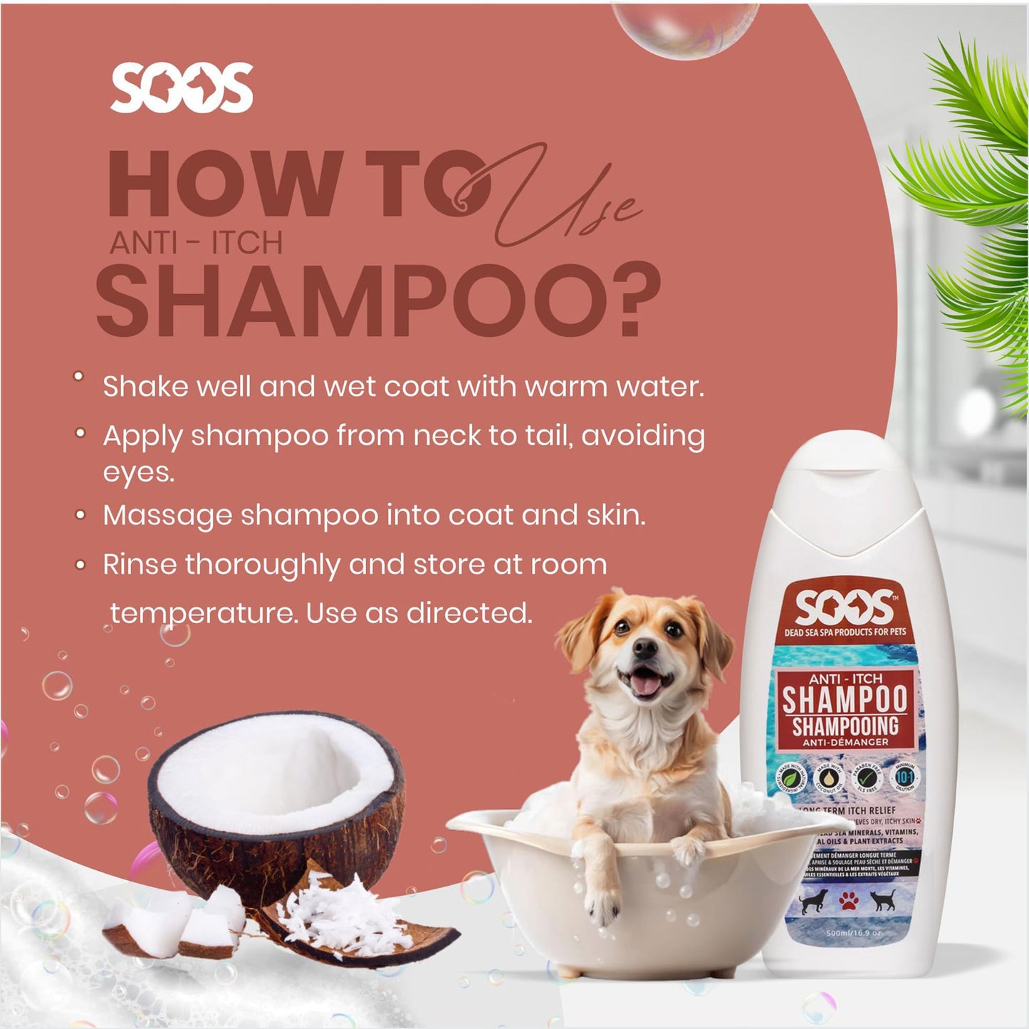 Soos Pet Anti-Itch Shampoo for Dogs and Cats - Natural Dead Sea Fast Absorbing - Clean Fur with Vitamins Minerals Essential Oils Natural Ingredients - 500ml