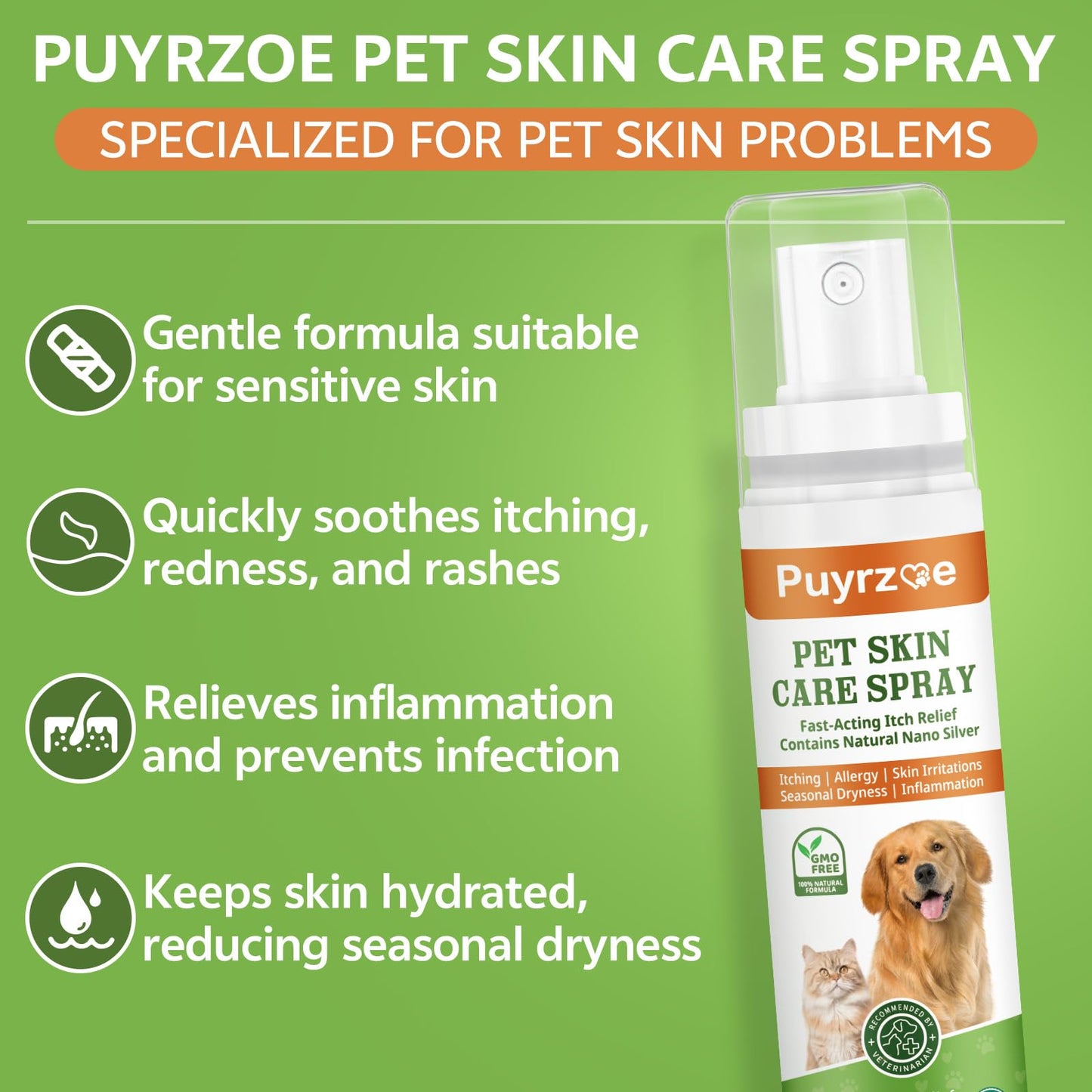 puyrzoe Itch Relief & Hot Spot Spray Treatment for Dogs & Cats - Natural Extract Formula for Anti Itch, Allergy Relief, Stop Scratching, Lickable, Wound Care Spray for All Animals (4.06 Fl Oz)