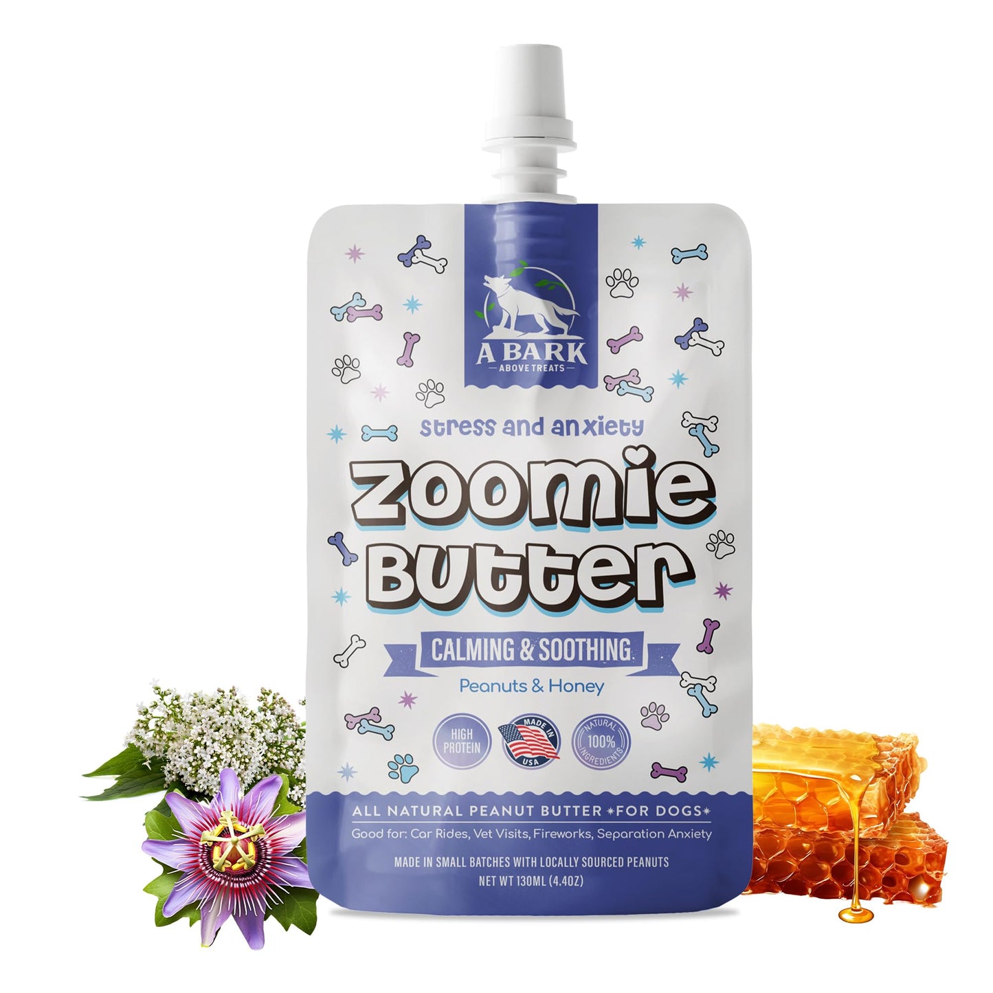 Stress & Anxiety Dog Peanut Butter Squeeze Supplement, All Natural Calming Dog Treat. Human Grade & Safe Puppy Food, Passion Flower for Separation Anxiety, Behavior Aid, USA Grown & Made