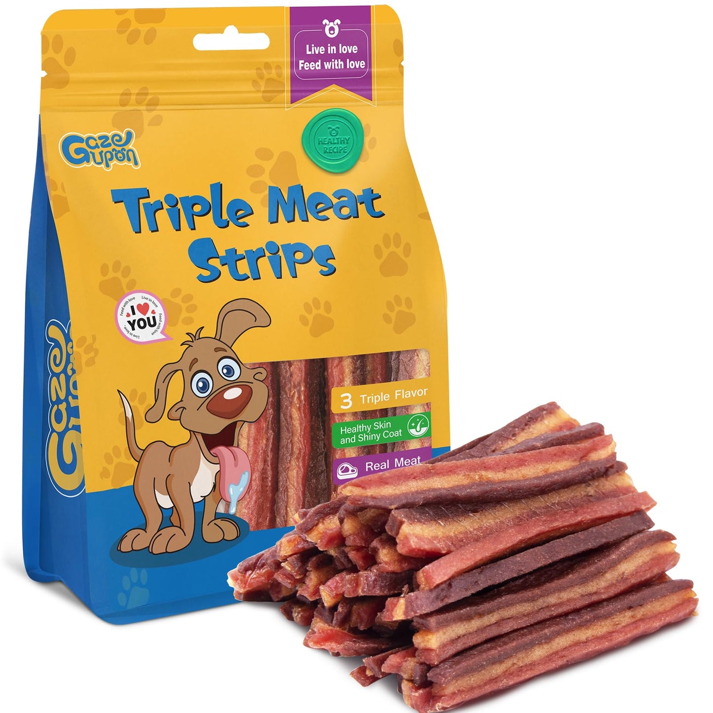 gazeupon Dog Jerky Treats,Triple Flavored Meat Strips for Dogs,Healthy Training Treats for Dogs,Made with Real Chicken,Duck,Beef,14.1 oz