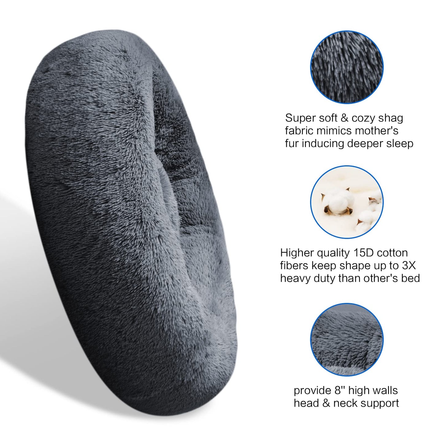 SAVFOX Plush Calming Donut Dog Beds for Small Dogs, Medium, Large & X-Large Breeds, Comfy Cuddler Dog Bed and Cat Bed in Faux Fur, Washable, Multiple Sizes S-XXL