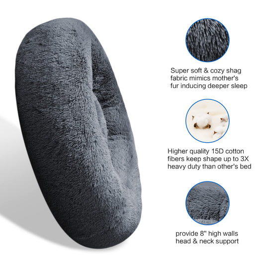 SAVFOX Plush Calming Donut Dog Beds for Small Dogs, Medium, Large & X-Large Breeds, Comfy Cuddler Dog Bed and Cat Bed in Faux Fur, Washable, Multiple Sizes S-XXL