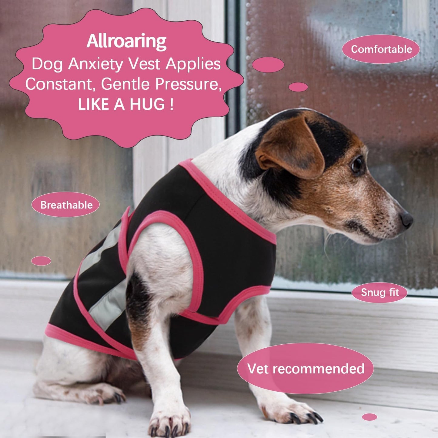 Allroaring Dog Anxiety Vest, Soft Dog Calming Shirt, Reflective Anti-Anxiety Vest Breathable Pet Anxiety Jacket Wrap for Fireworks, Thunderstorms, Separation, Travle, Vet Visits, Black L