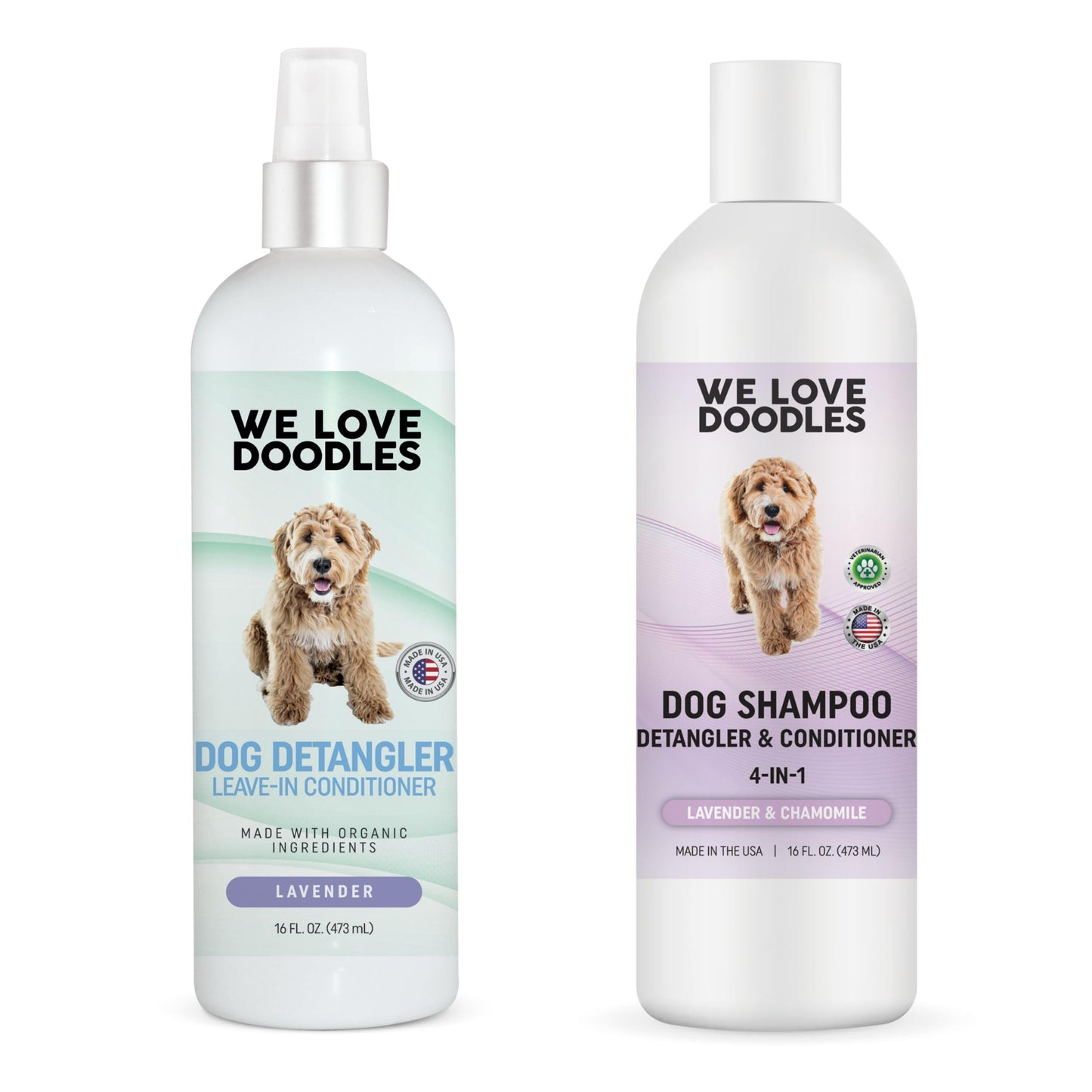 We Love Doodles Bundle 4-in-1 Non-Organic Dog Shampoo (Lavender & Chamomile) & Dog Detangler Spray - Leave-in Conditioner for Dogs, Dog Detangling Spray, Tangle Remover, Made in The USA
