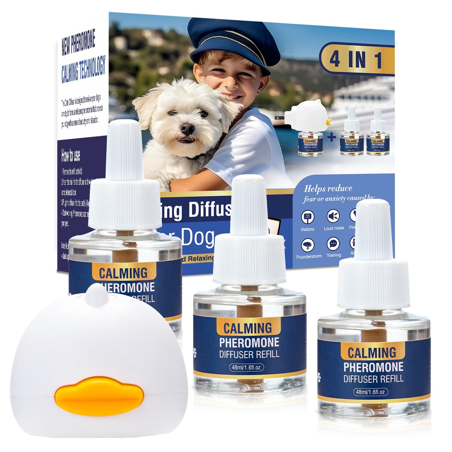 LKBHGF Dog Pheromone Calming Diffuser 4 in 1 Appeasing Pet Pheromones Diffuser to Calm Kit (Plug in+ 3 Pack 48ml Refill) for Anxiety Relief Reduce Barking Aggression Fighting Stress 90 Day Supply