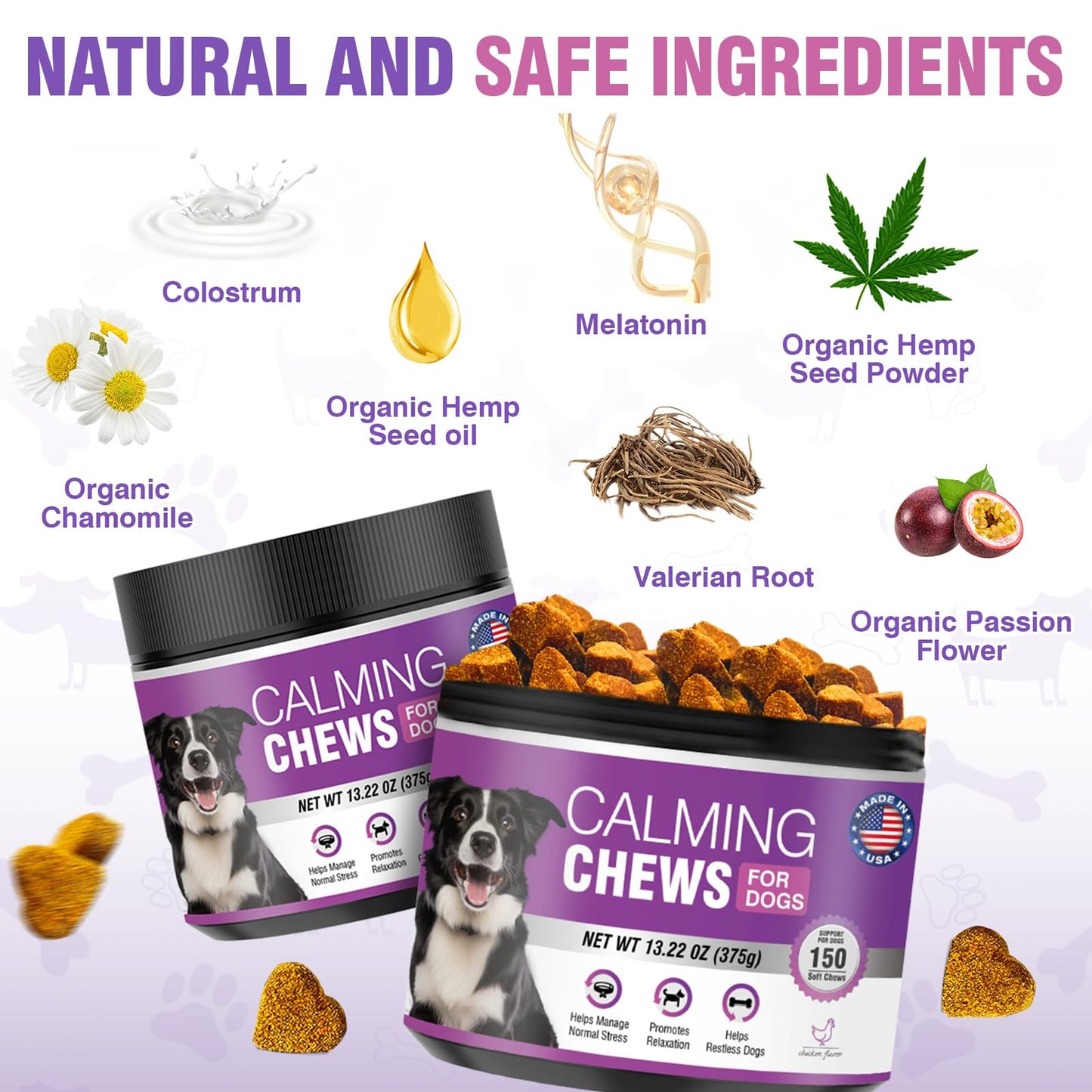 Hemp Calming Chews for Dogs 300 Calming Dog Anxiety and Stress Relief Treats Calm Bites Hemp Oil Sedative for Puppy Sleep Aid Melatonin Fireworks Noise, Thunder, Barking, Vet Visit (Chicken Flavor)