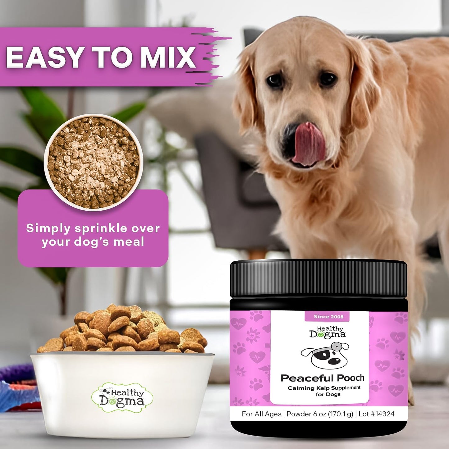 Healthy Dogma - Peaceful Pooch | Powder Calming Supplement for Dogs Dealing with Anxiety, Separation Stress, Noise, Thunder and Barking (6 Oz)
