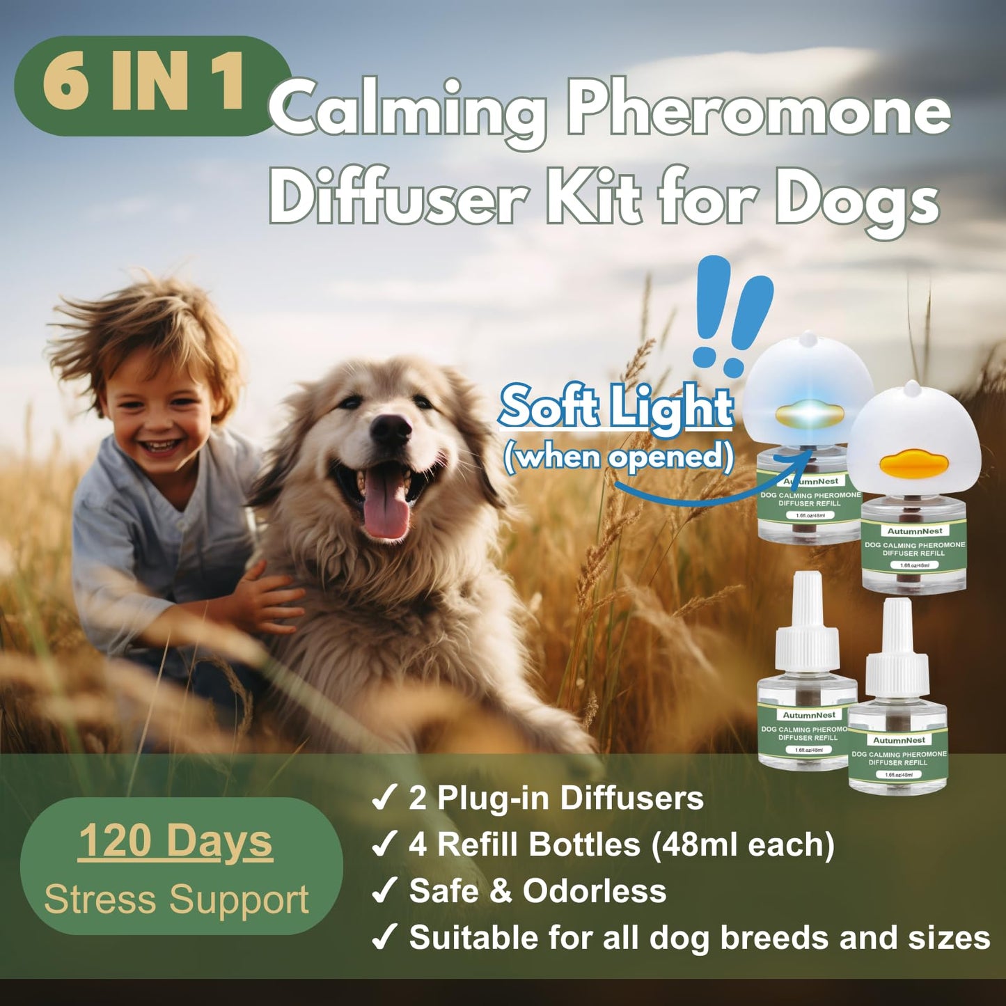 AutumnNest Dog Calming Diffuser Kit with 2 Plug-Ins & 4 Refills (48ml Each) + 3PCS Orange Woven Pet Chew Toys – Pheromone Stress Relief & Puppy Teething Bundle