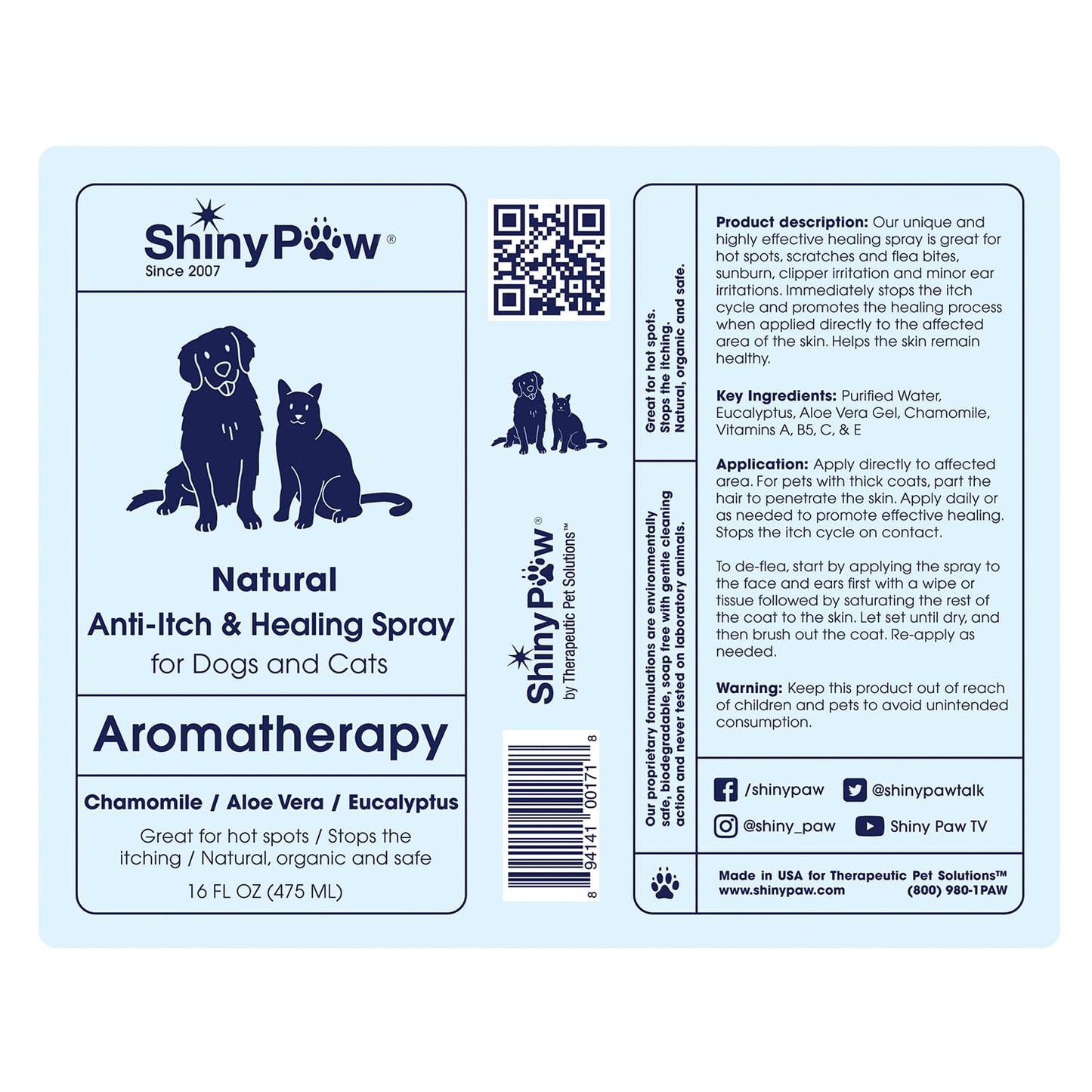 Dog Itch Relief Spray by Shiny Paw 16 oz | Aloe Vera & Eucalyptus Skin Itch Remedy | Dog Hot Spot Spray | Natural Anti Itch Spray for Pets | Dog Itchy Skin Relief | Made in USA