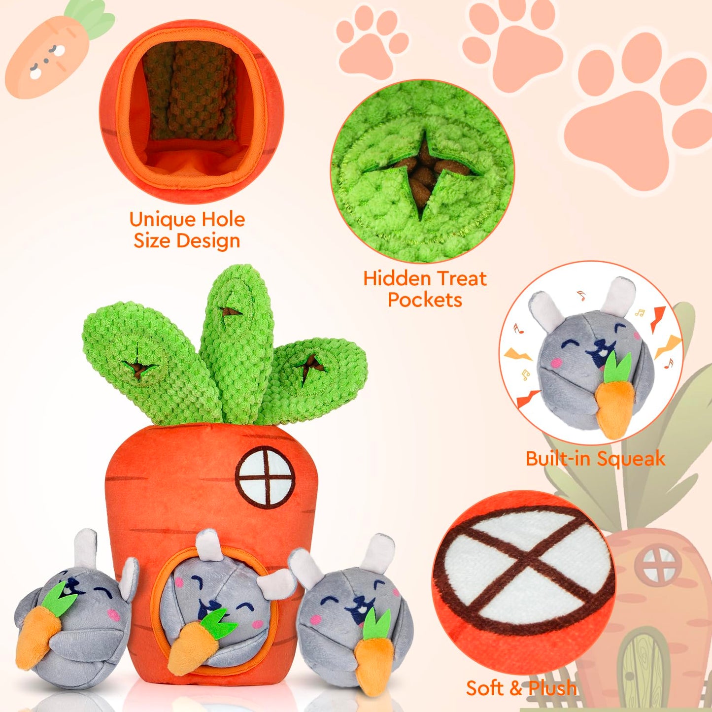 Hide and Seek Squeaky Dog Plush Toy Carrot and Bunny Set, 4 Pack Dog Puzzle Toys for Training and Cleaning, Interactive Tough Dog Toy for Small Medium Dogs