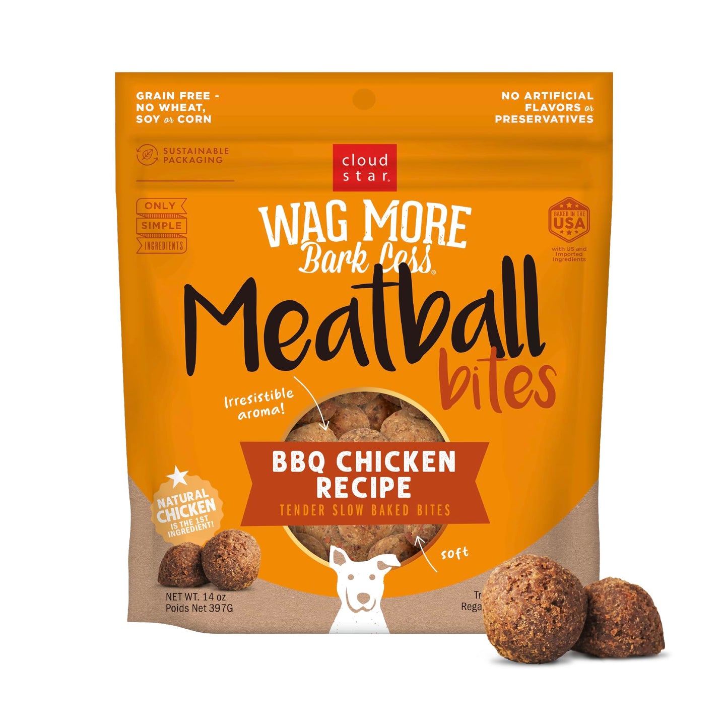 Cloud Star Wag More Bark Less Grain Free Meatball Bites, BBQ Chicken Recipe, 14 oz.