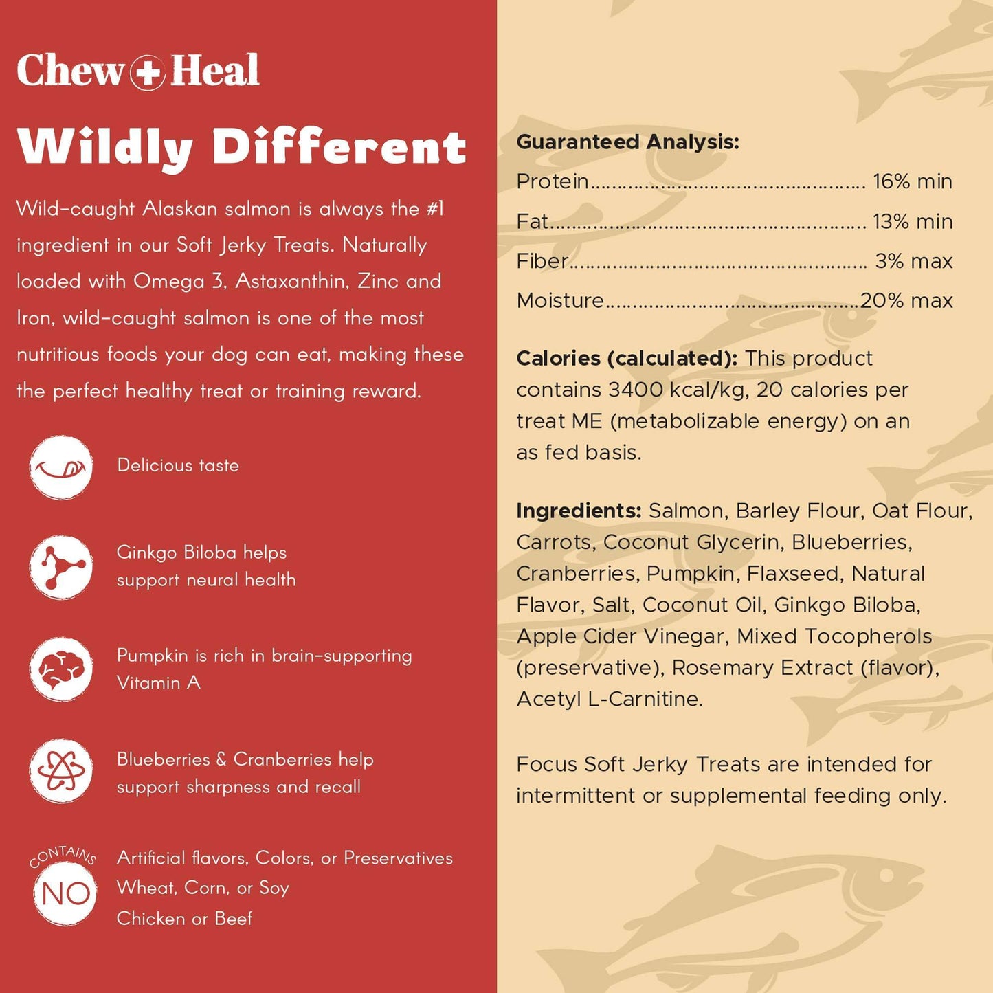 Chew + Heal Labs Dog Salmon Jerky Treats with Cognitive Support - 5 oz of Wild Caught Salmon Jerky Dog Treat - Made with Gingko Biloba, Blueberries, Cranberries, Pumpkin, and More - Made in The USA