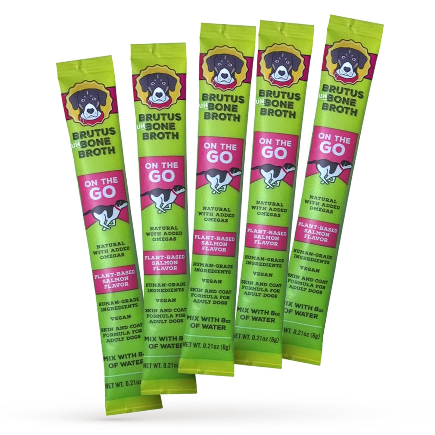 Brutus Broth Instant On The Go Vegetable Powder for Dogs - Vegetable Powder with Omegas 3, 6 & 9 & Turmeric - Human Grade Food Toppers for Dry Food & Picky Eaters - 5 Stick (Salmon Flavor)