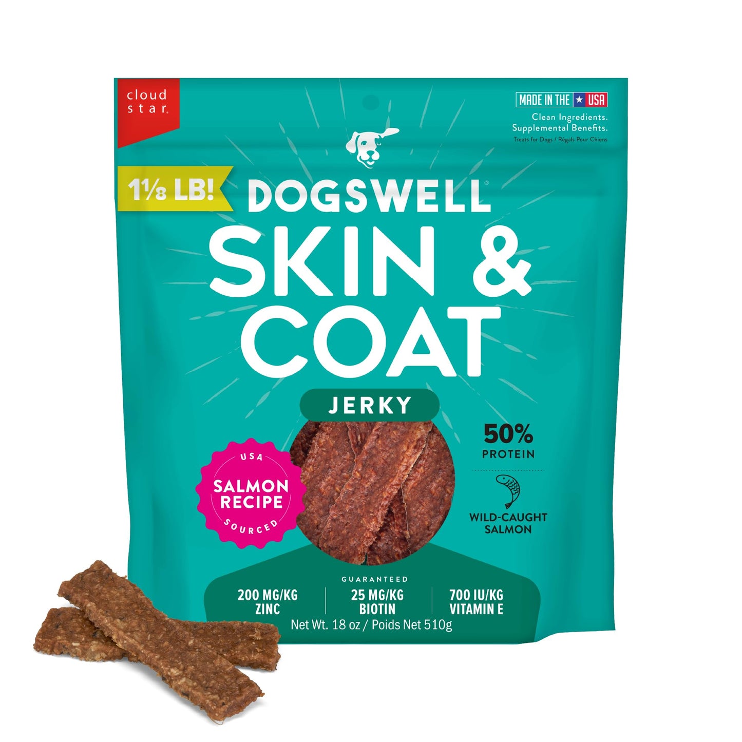 DOGSWELL Jerky Treats for Dogs, Skin and Coat Salmon Recipe 18 oz., 29235