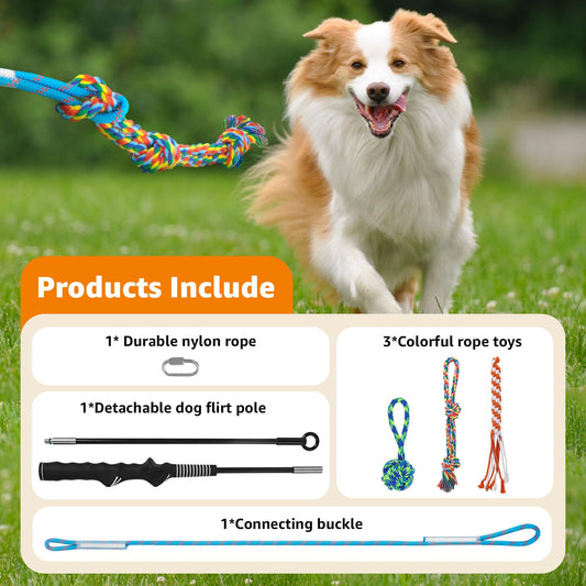 LOOBANI Flirt Pole for Dogs Tug of War Rope Toy Interactive Dog Toys Enrichment for Medium Small Dogs Heavy Duty Replacement Toys Chewing for Outdoor Exercise & Training