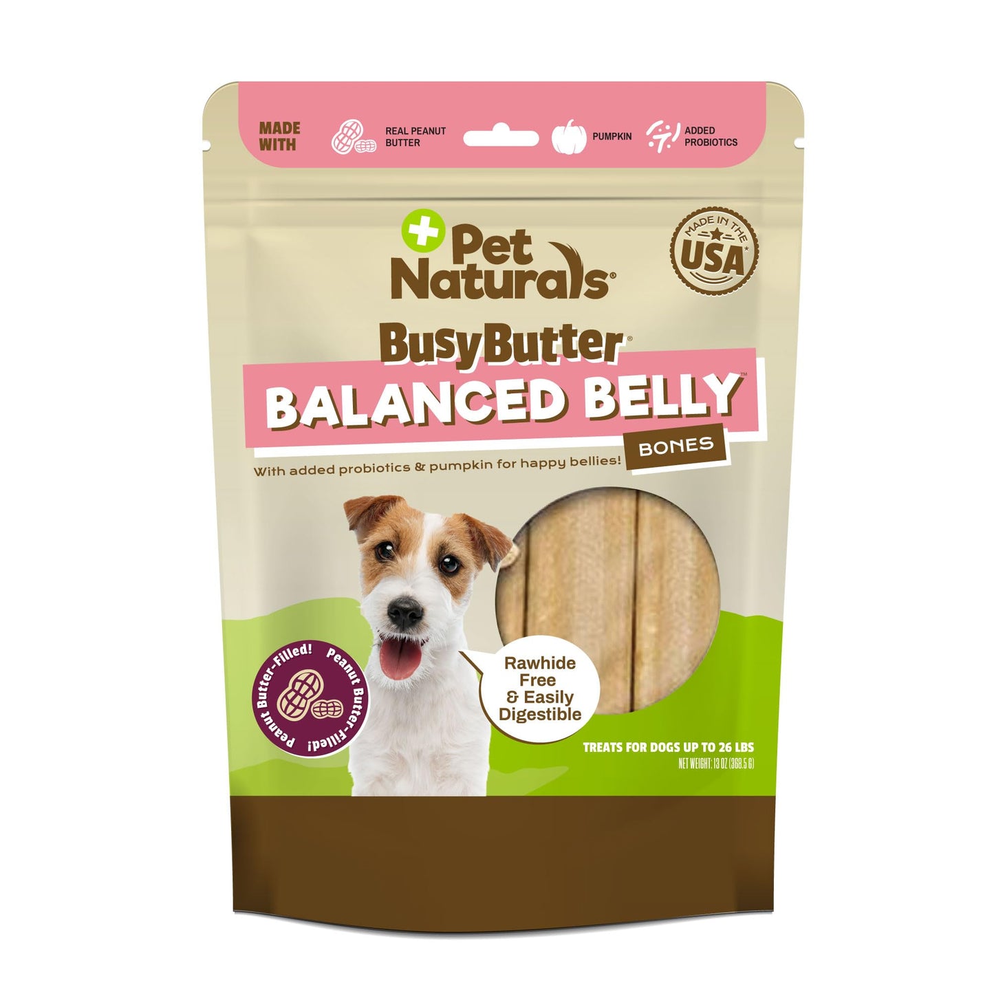 Pet Naturals BusyButter Balanced Belly Peanut Butter Bones, Rawhide-Free Chews for Small Dogs, Long Lasting Chew Bones, Probiotics and Pumpkin for Gut Health, 22 Count