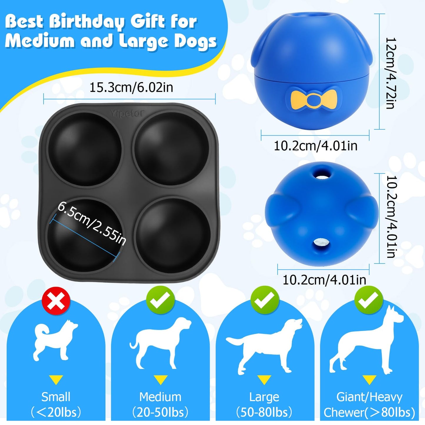 Yipetor Interactive Treat Dispensing Dog Toy, Large 3IN1 Frozen Dog Enrichment Toy, Tough Rubber Chew Ball Dog Puzzle Toys for Large Medium Breeds - Keep Them Busy/Anxiety Relief/Feeding Slow