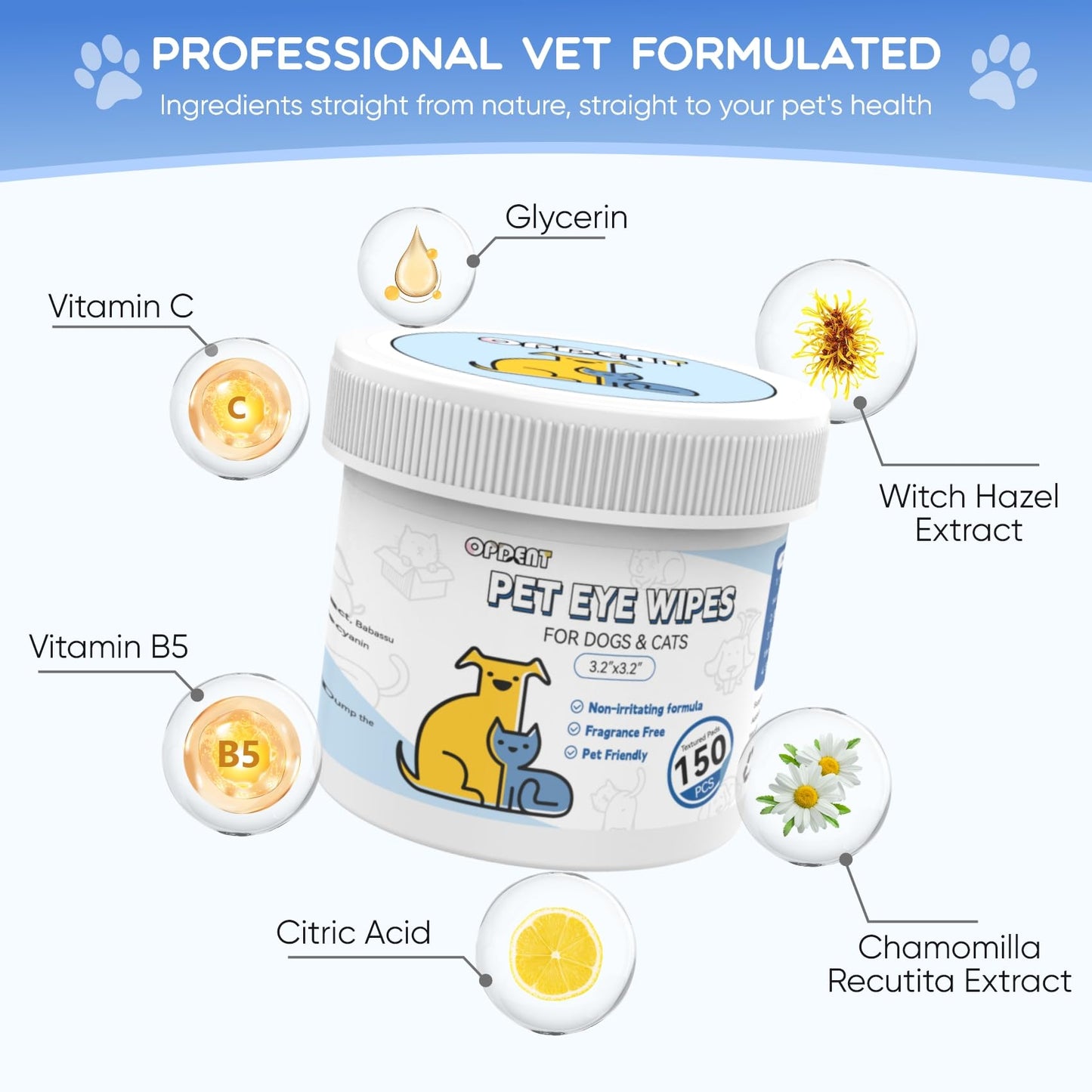 Opdent Eye Wipes for Dogs & Cats - Tear Stain Remover for Dogs - Dog Eye Cleaner, Eye Debris, Discharge, Mucus Secretions - Eye Wipes for Dogs & cat Eye Wipes (3.2 in,300pcs)