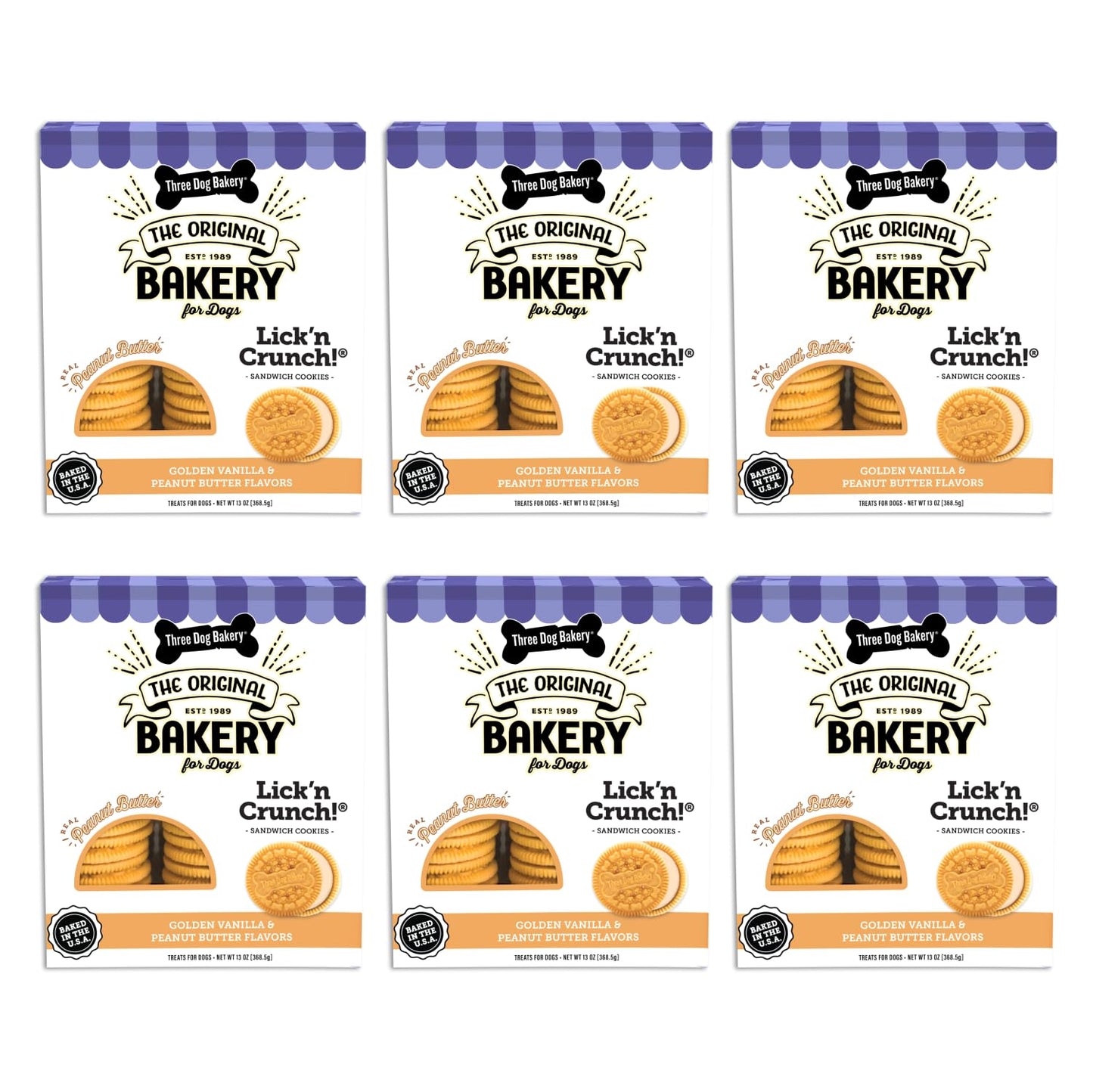 Three Dog Bakery Lick'n Crunch Sandwich Cookies Premium Dog Treats with No Artificial Flavors, Golden & Peanut Butter Flavor, 13 Ounces (Pack of 6)