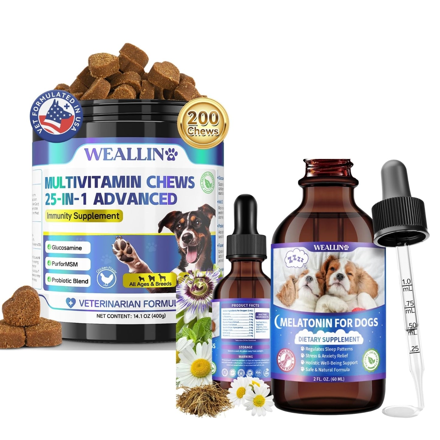 WEALLIN Dog Multivitamin Chews + Melatonin Drops Bundle – Daily Wellness & Sleep Support | Promotes Vitality, Calm Behavior & Restful Sleep